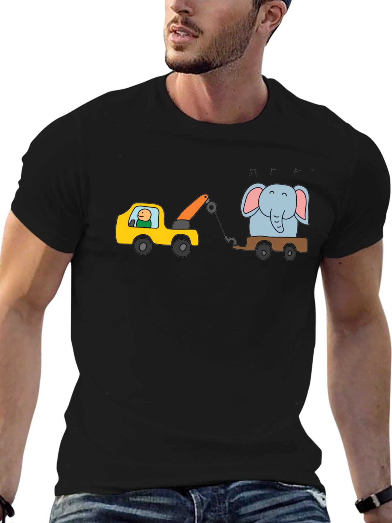 Cartoon Elephant Tow Truck Mens Black T-Shirt