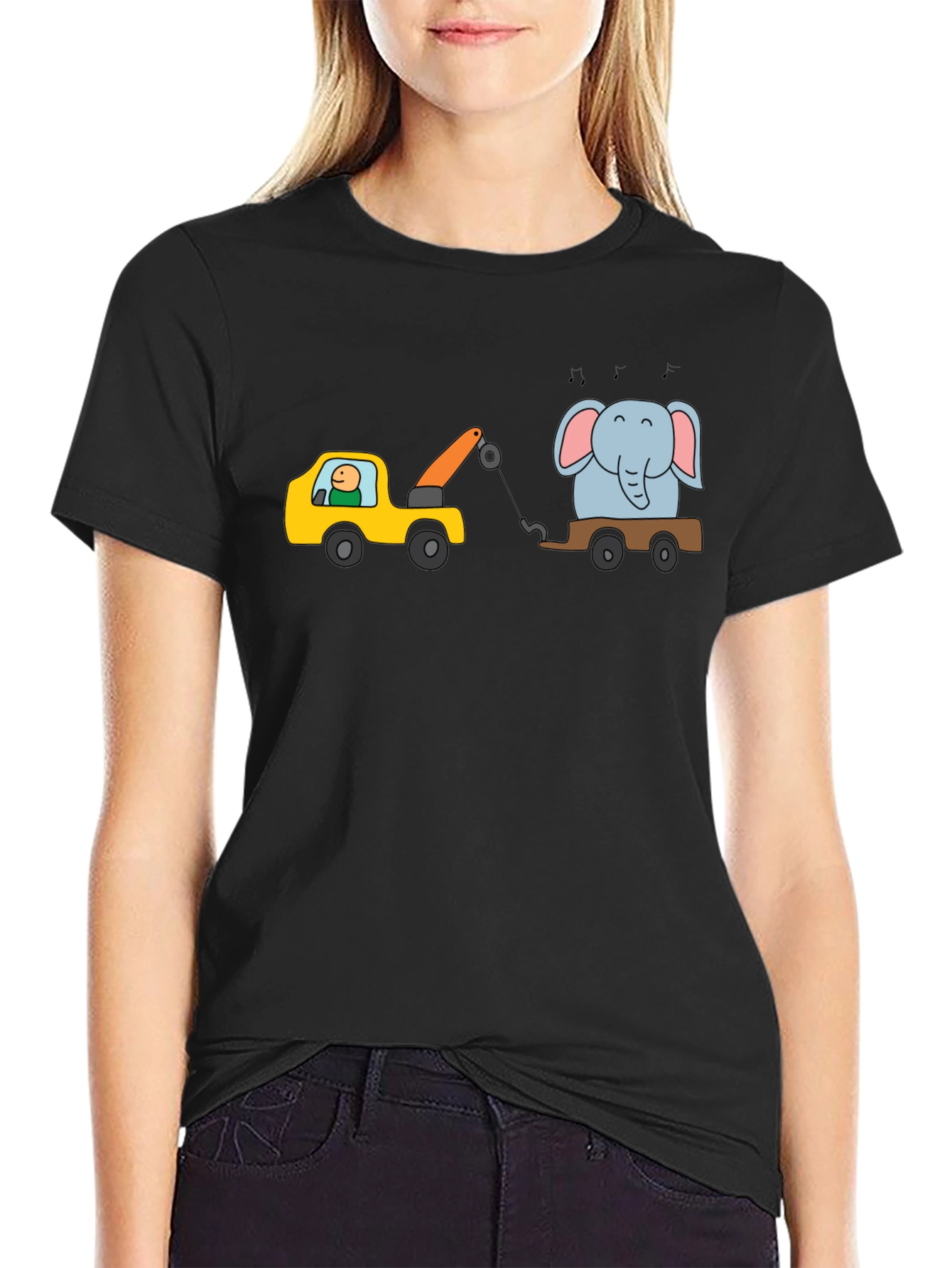 Cartoon Elephant Tow Truck Mens Black T-Shirt