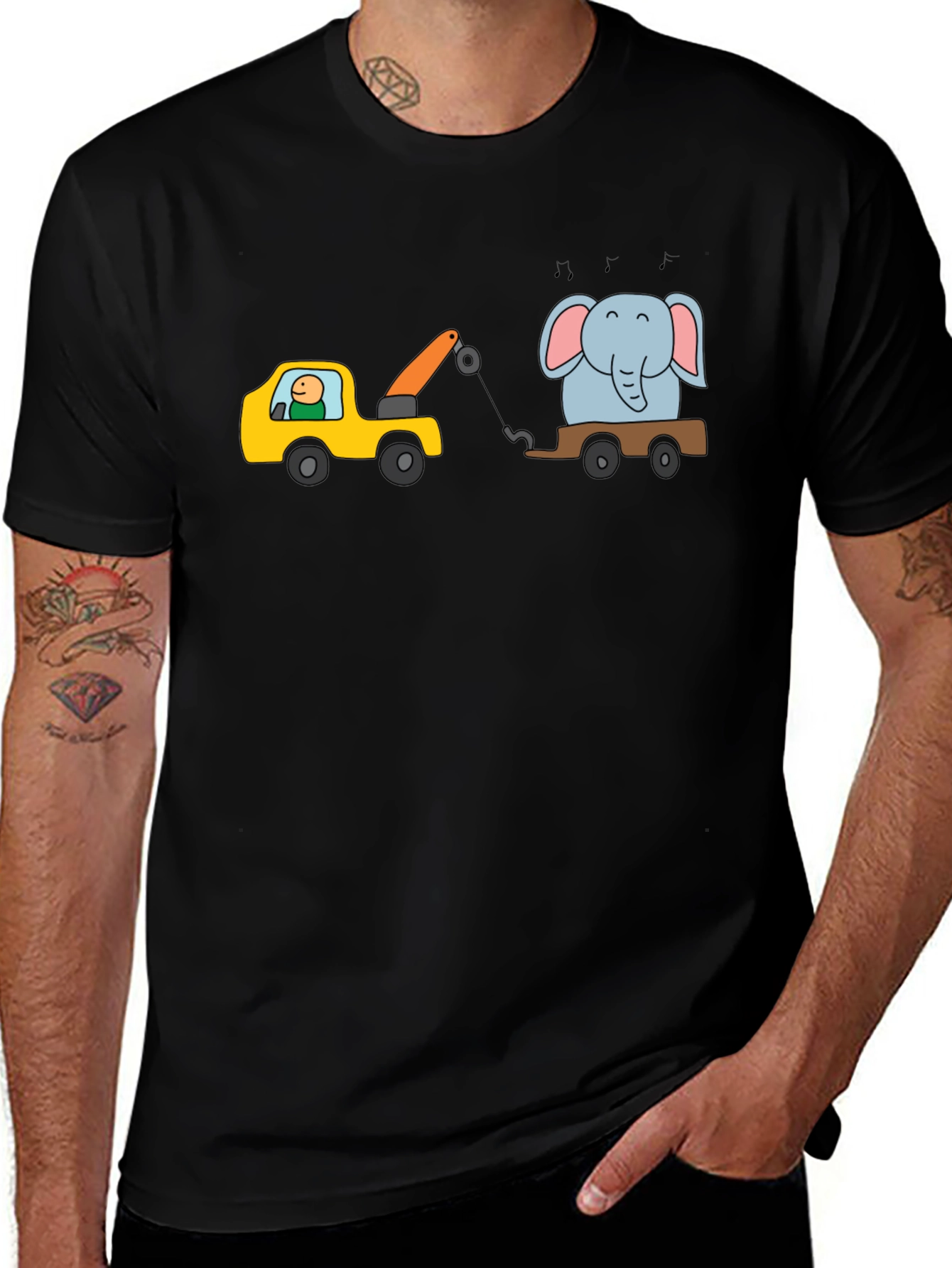 Cartoon Elephant Tow Truck Mens Black T-Shirt
