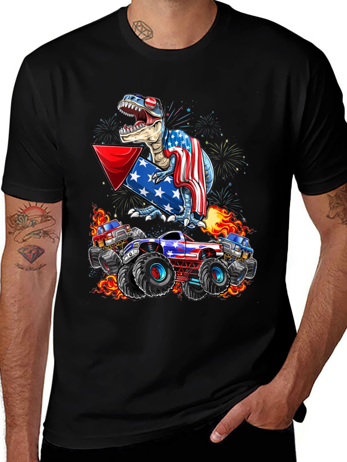 Patriotic Dinosaur & Monster Truck Graphic T-Shirt