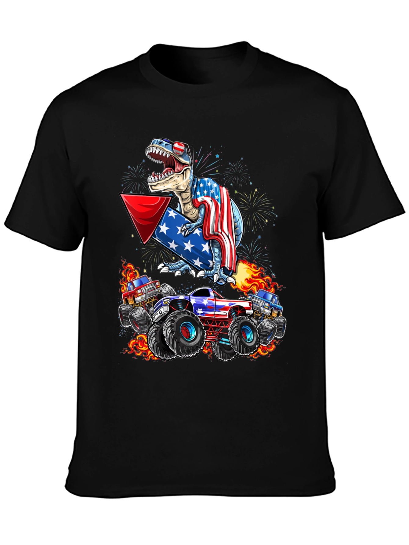 Patriotic Dinosaur & Monster Truck Graphic T-Shirt