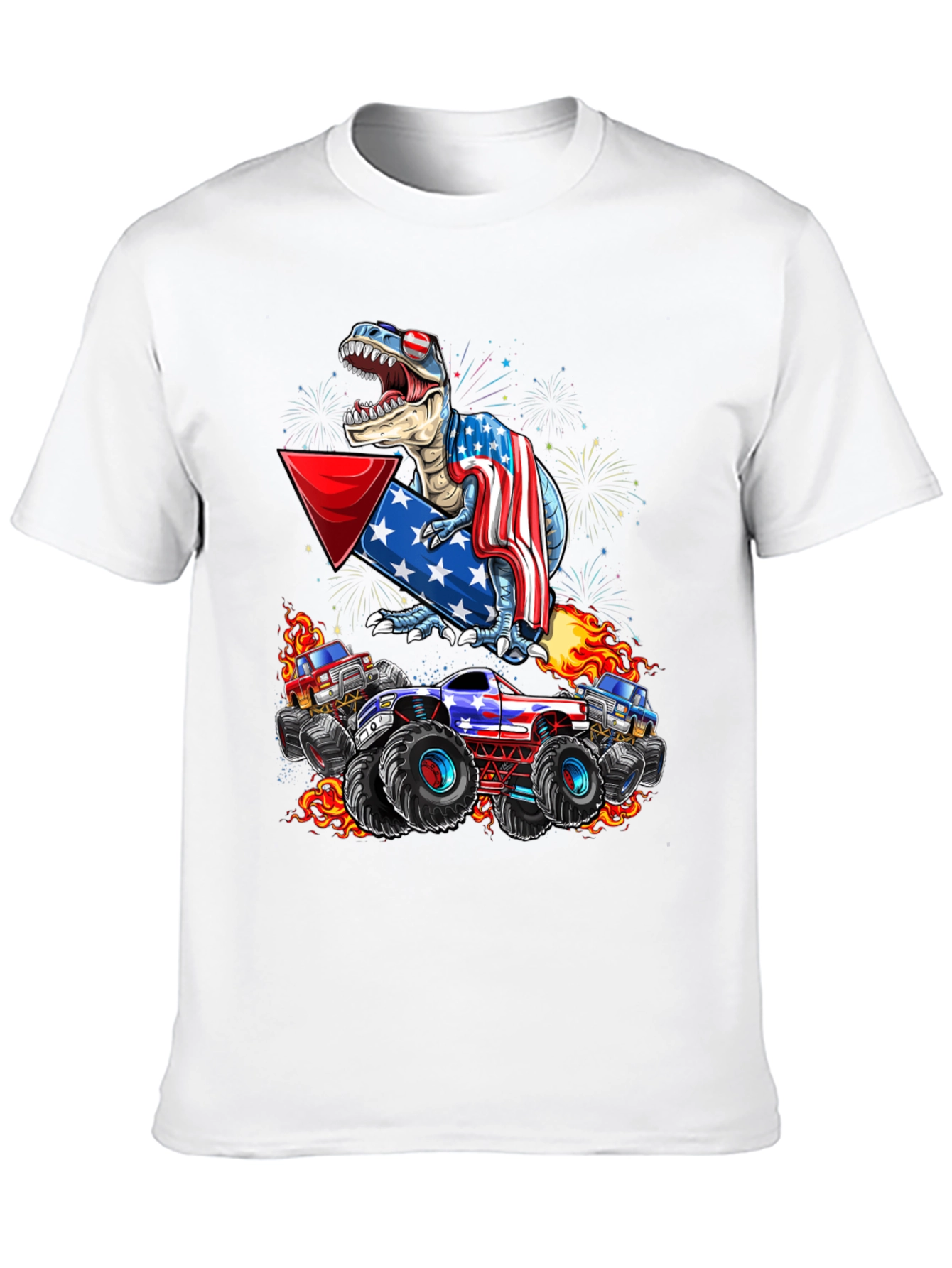 Patriotic Dinosaur & Monster Truck Graphic T-Shirt