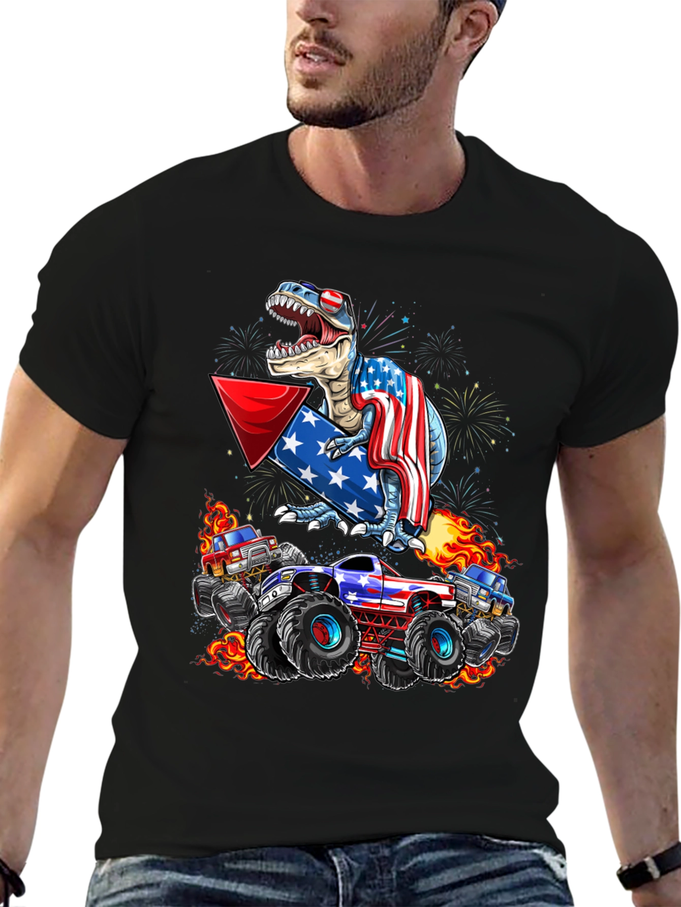 Patriotic Dinosaur & Monster Truck Graphic T-Shirt