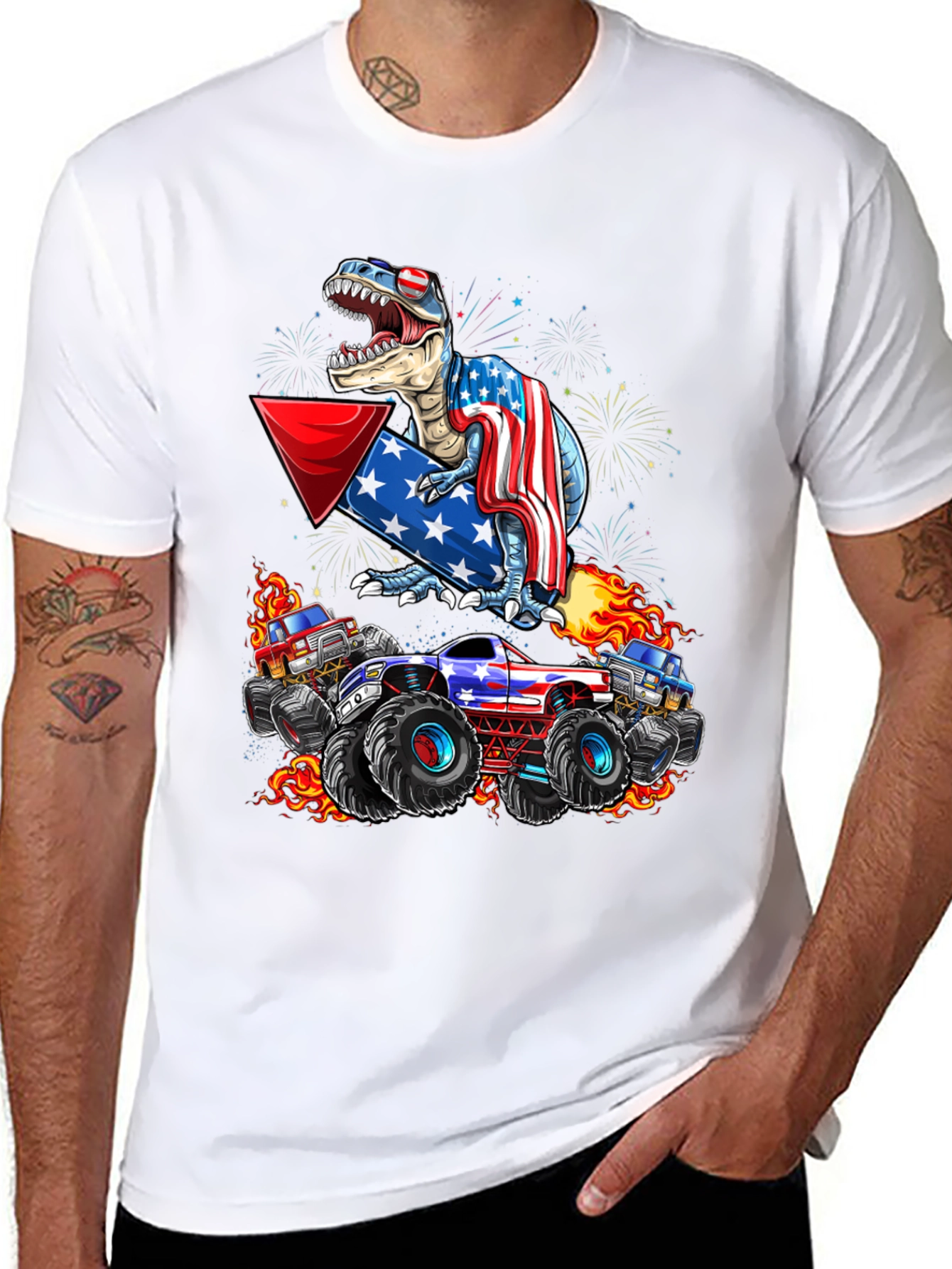 Patriotic Dinosaur & Monster Truck Graphic T-Shirt