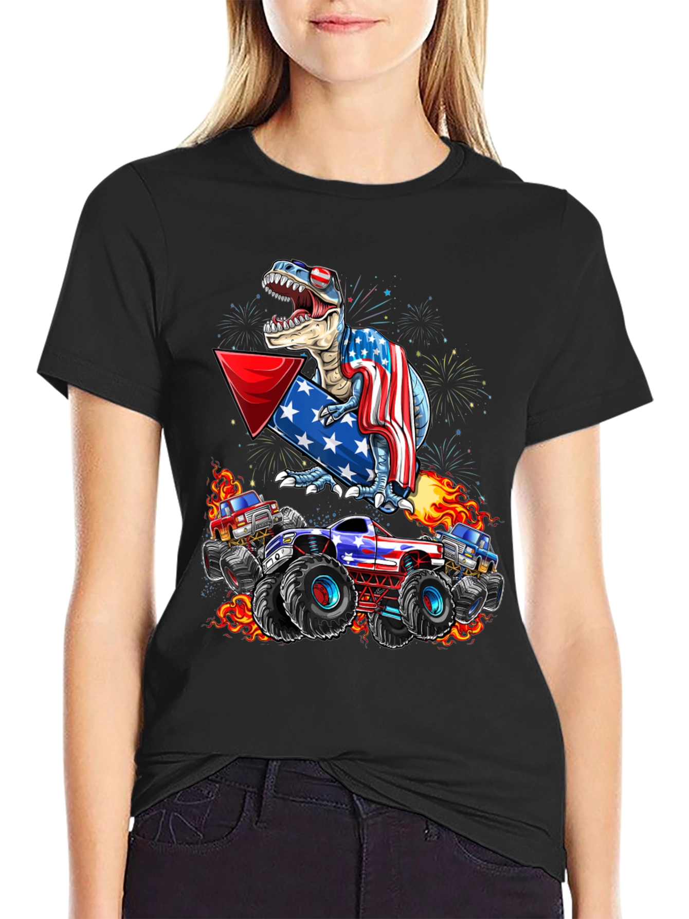 Patriotic Dinosaur & Monster Truck Graphic T-Shirt