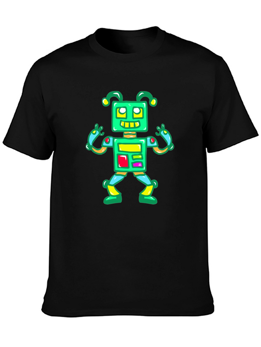 Fun Robot Graphic Tee - Black Cotton Casual Shirt