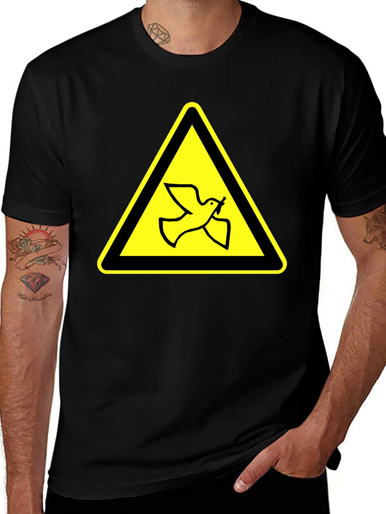 Dove Warning Sign T-Shirt - Black Cotton Tee