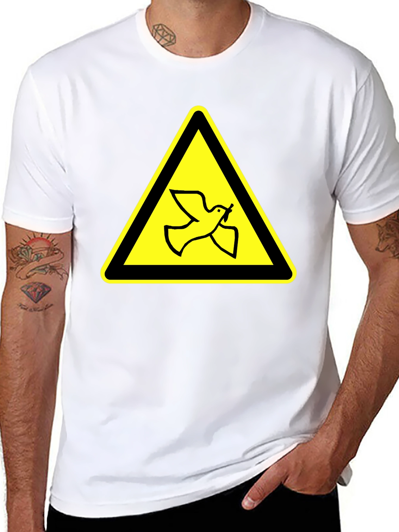 Dove Warning Sign T-Shirt - Black Cotton Tee