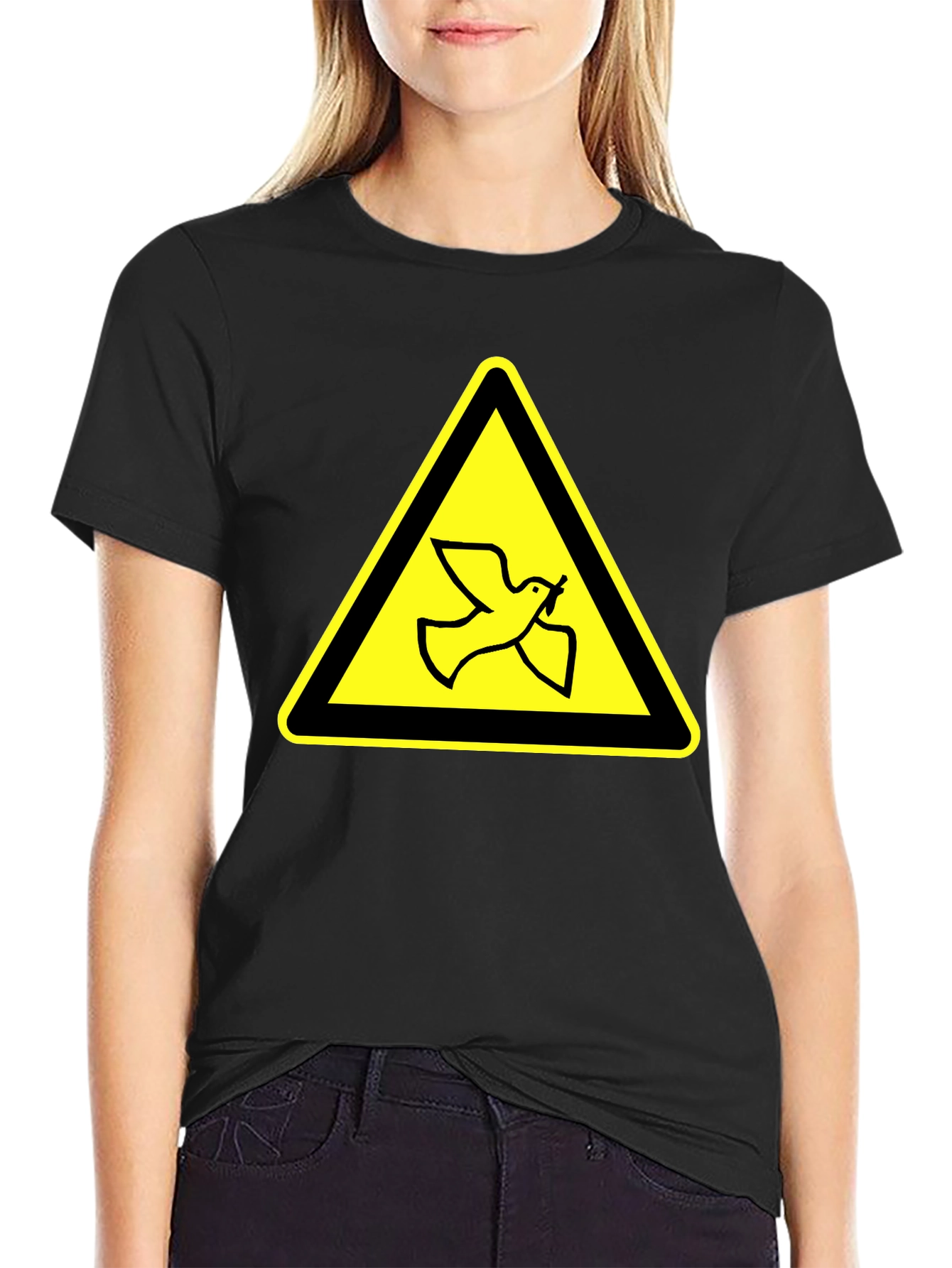 Dove Warning Sign T-Shirt - Black Cotton Tee