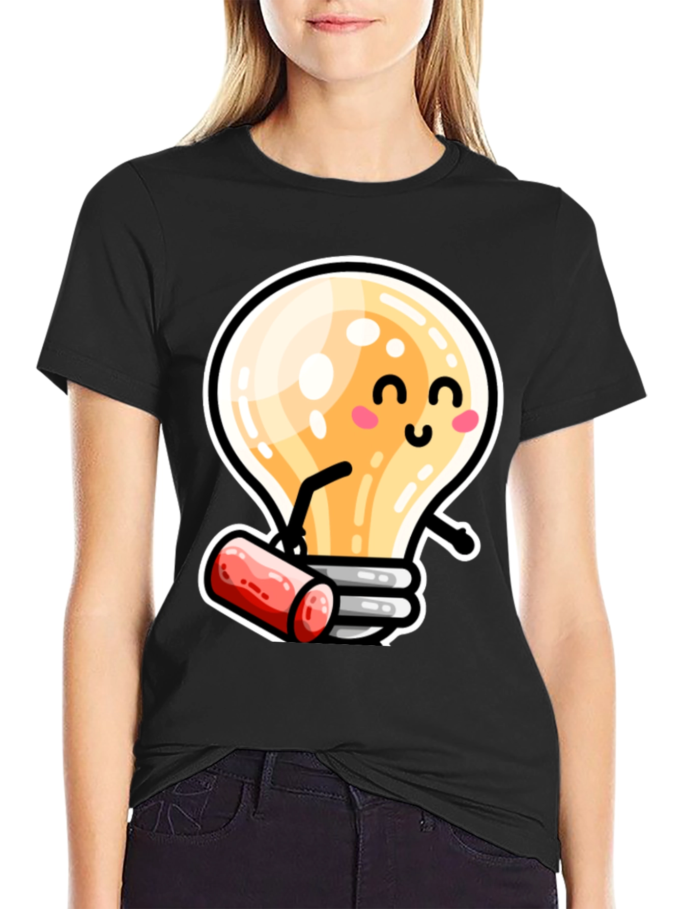 Cute Light Bulb Cartoon T-Shirt - Black