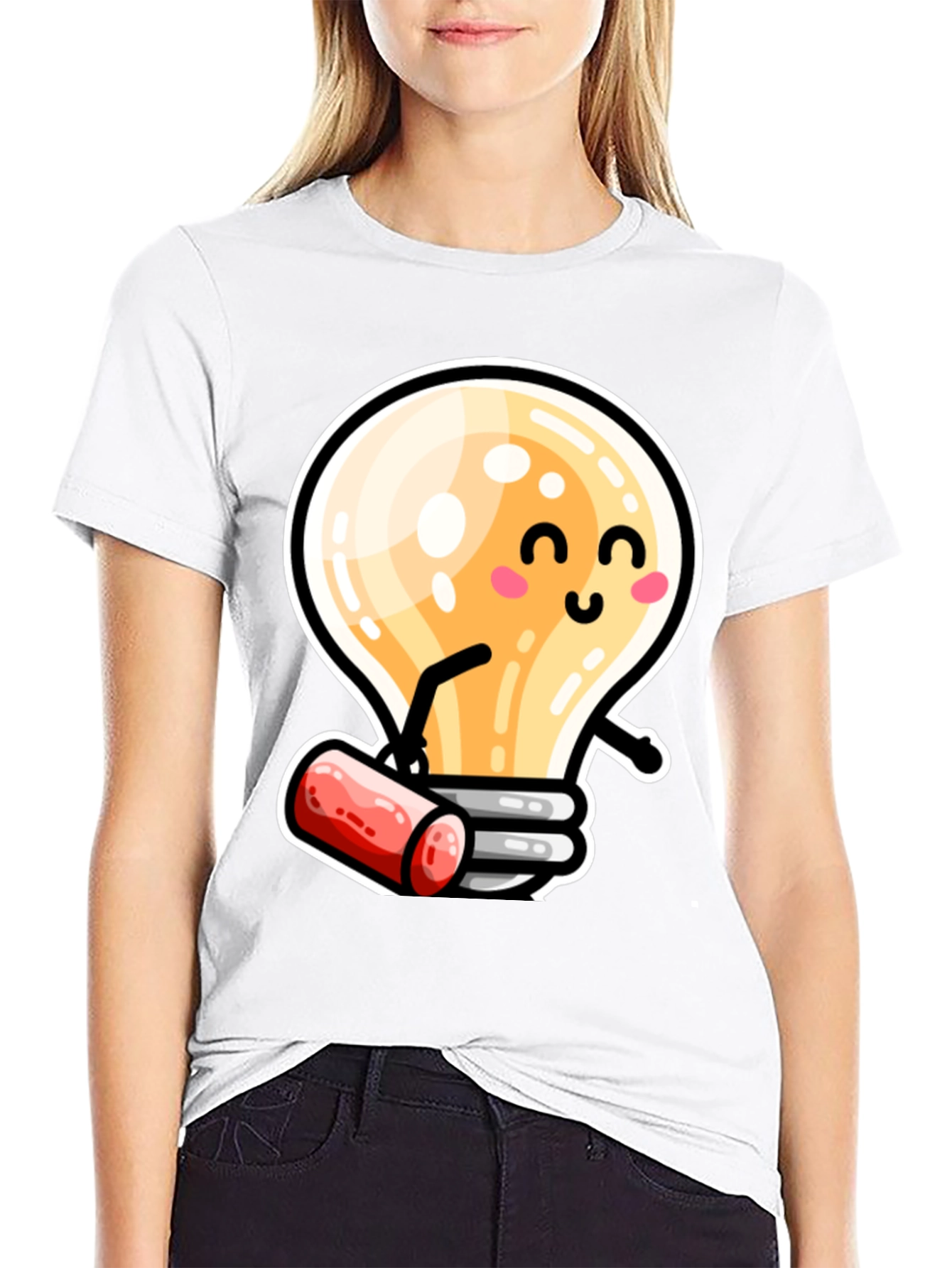 Cute Light Bulb Cartoon T-Shirt - Black