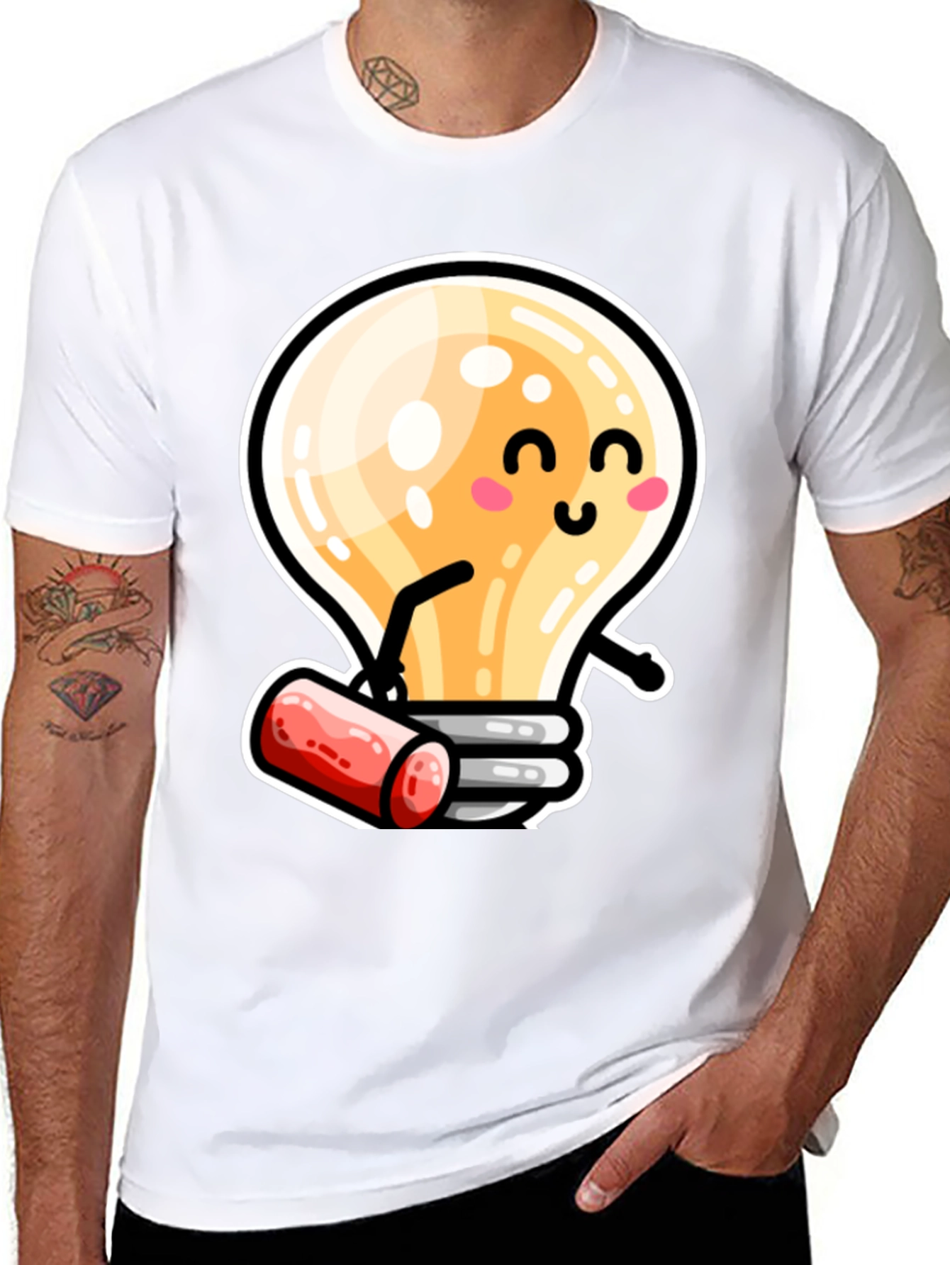 Cute Light Bulb Cartoon T-Shirt - Black