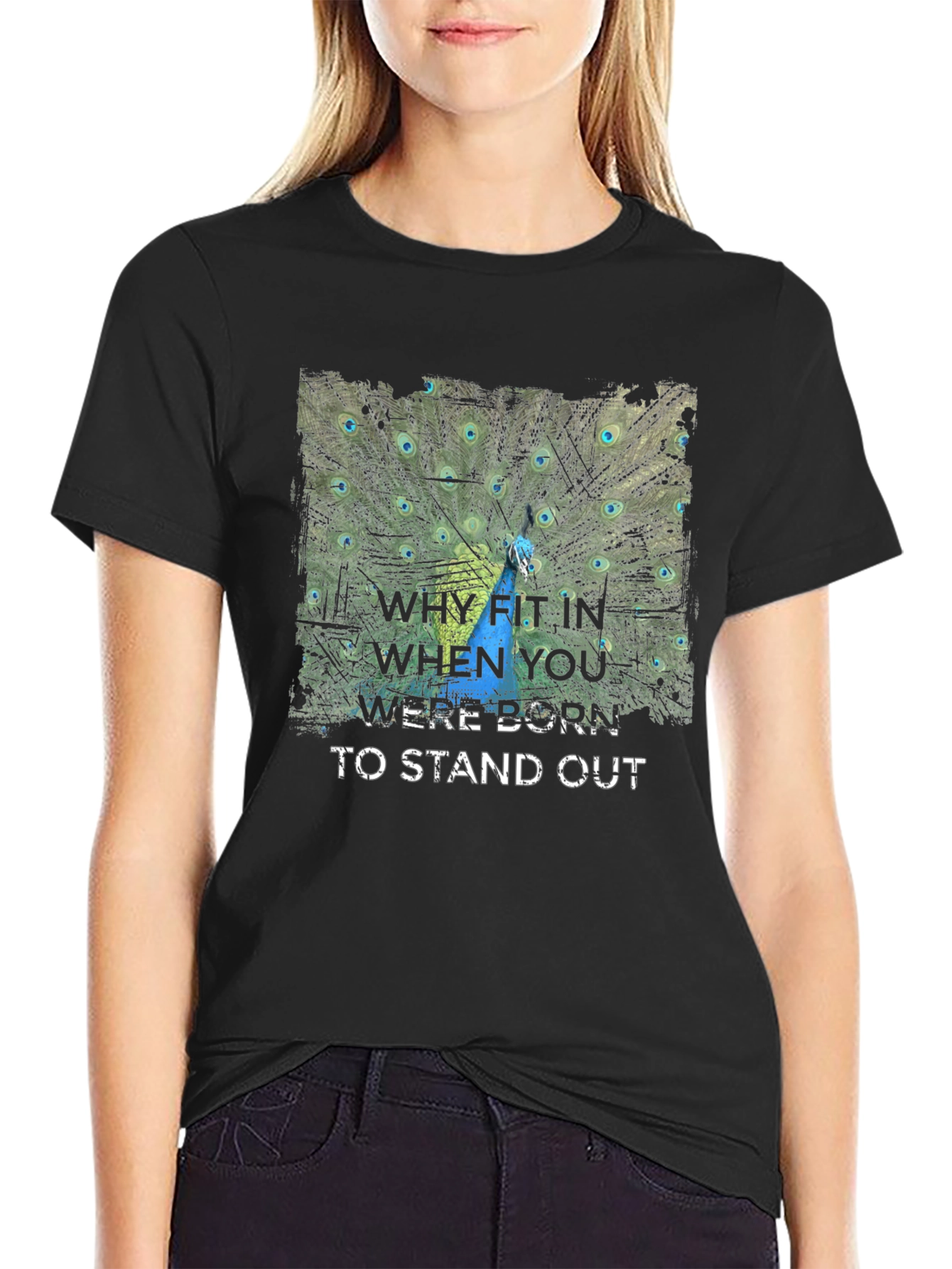 Stand Out Peacock Graphic Tee - Black Cotton T-Shirt