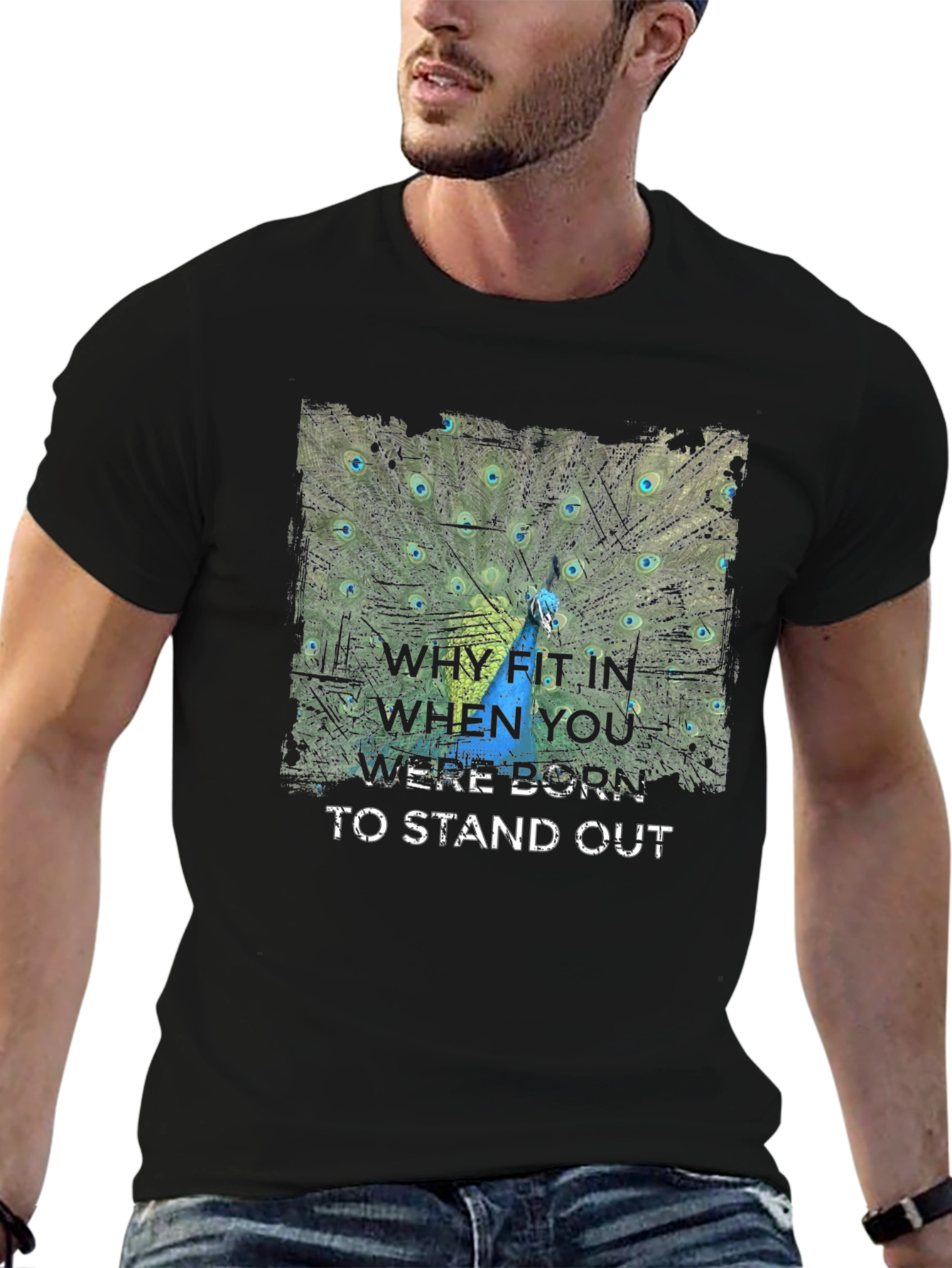 Stand Out Peacock Graphic Tee - Black Cotton T-Shirt