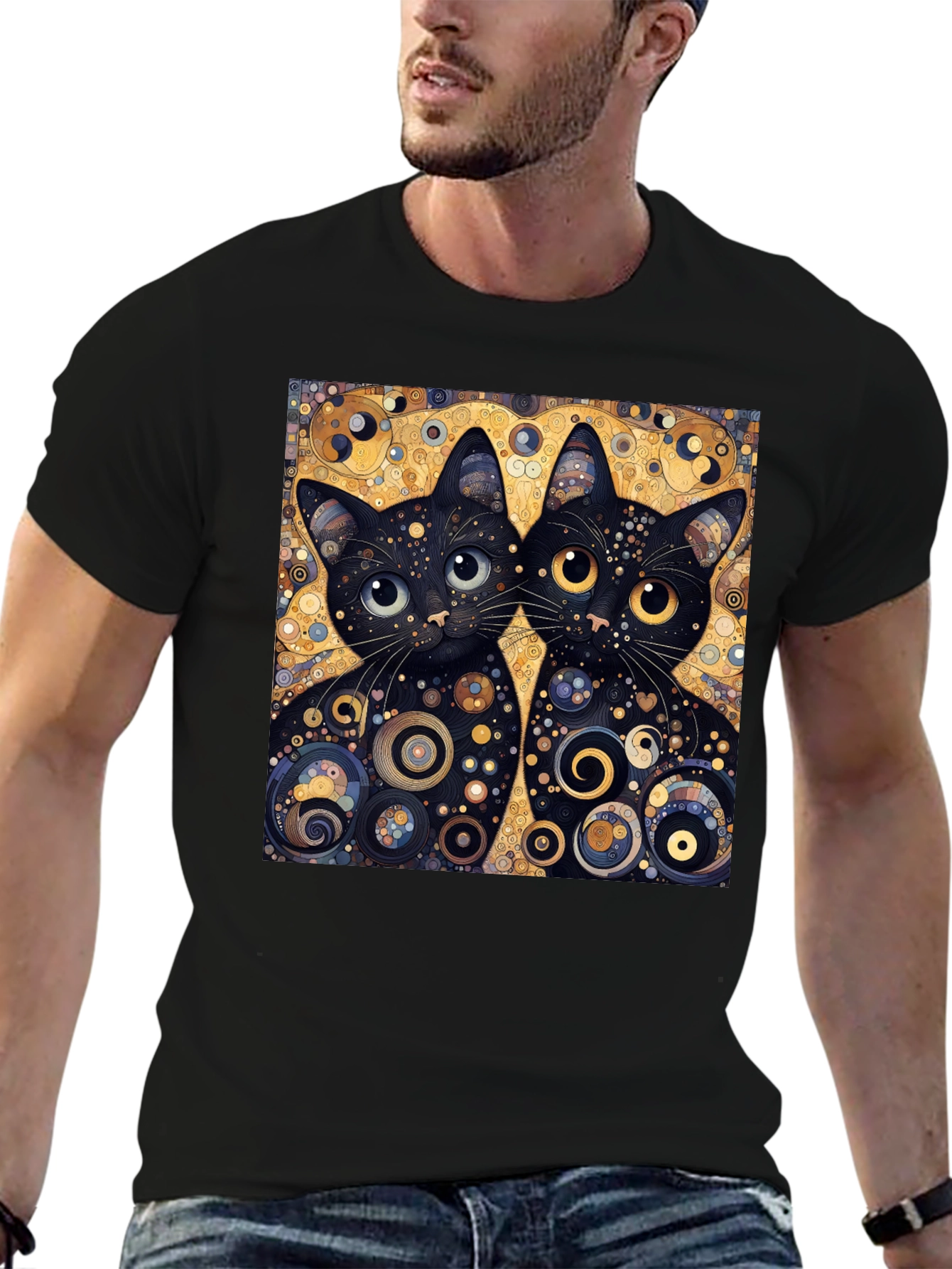 Whimsical Cat Art Graphic Tee - Black Unisex T-Shirt