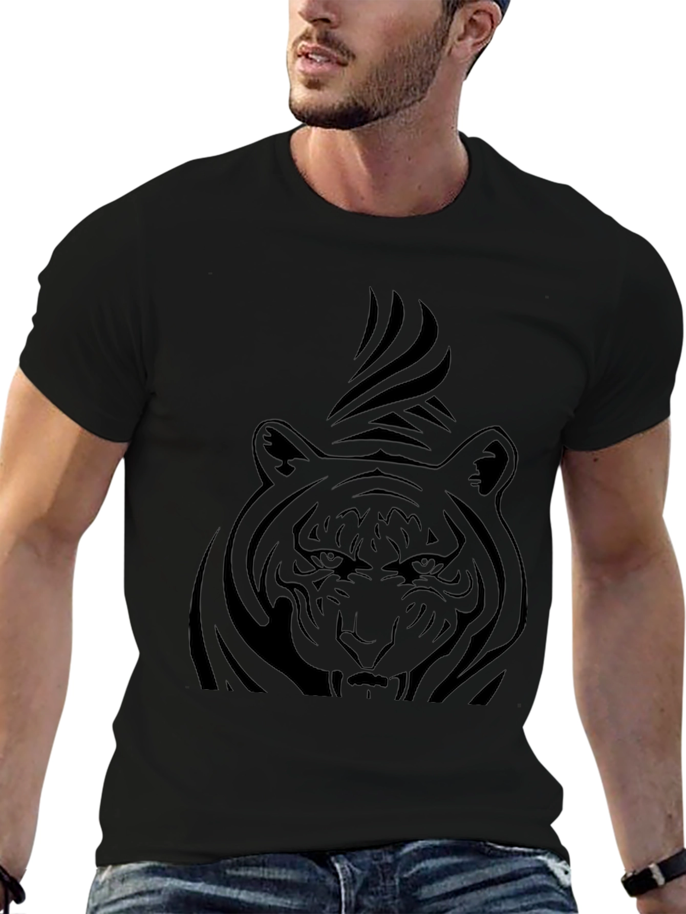 Mens Black T-Shirt with Tiger Graphic