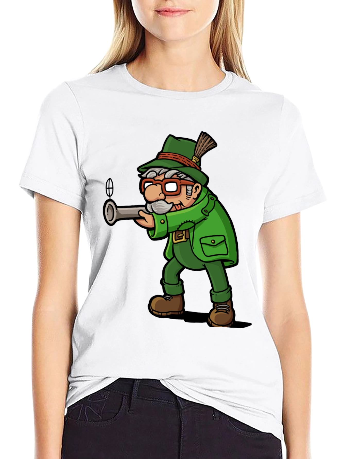 Cartoon Hunter Graphic Tee - Black Cotton Blend
