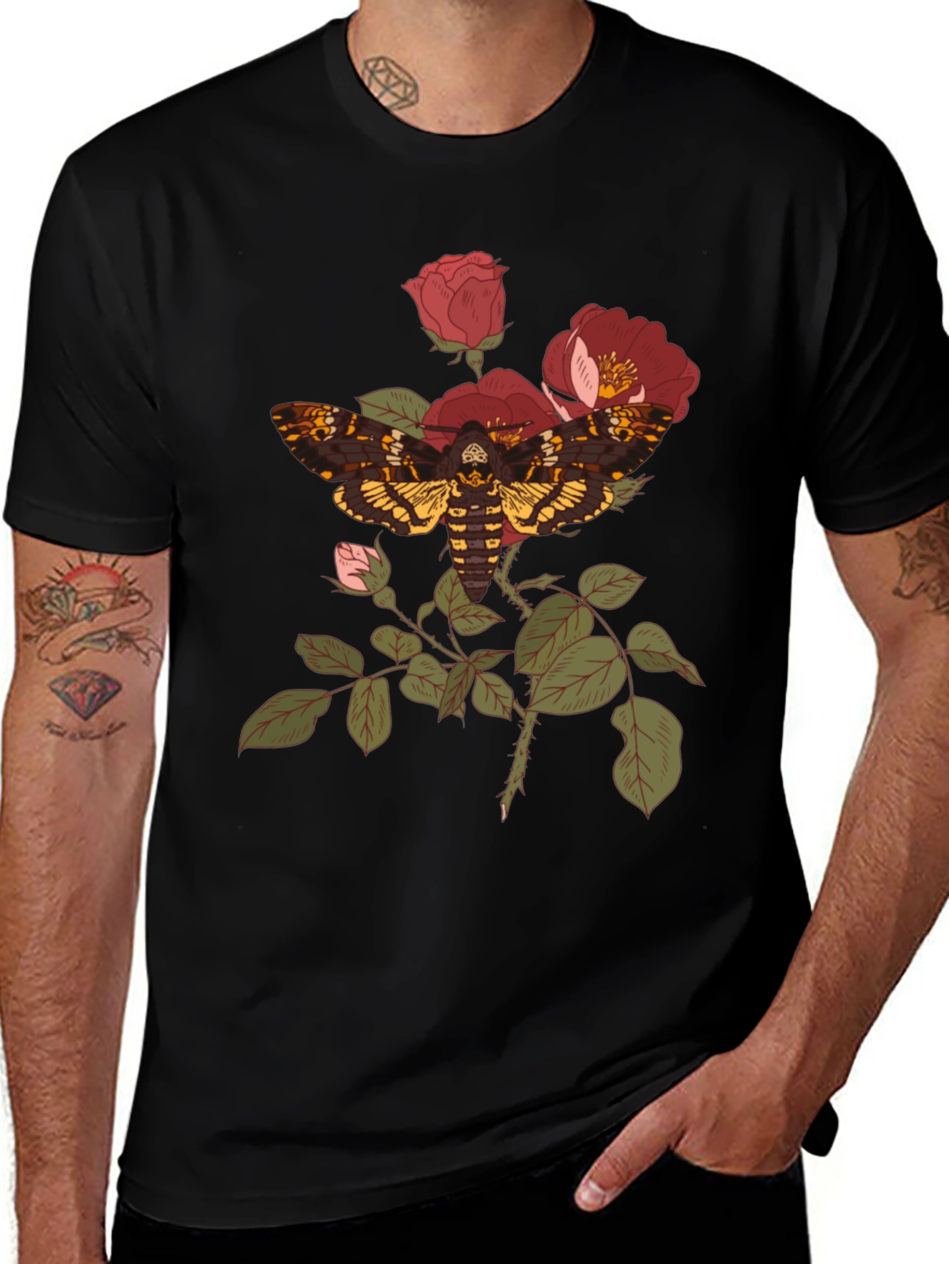 Moth and Roses Graphic Tee - Black