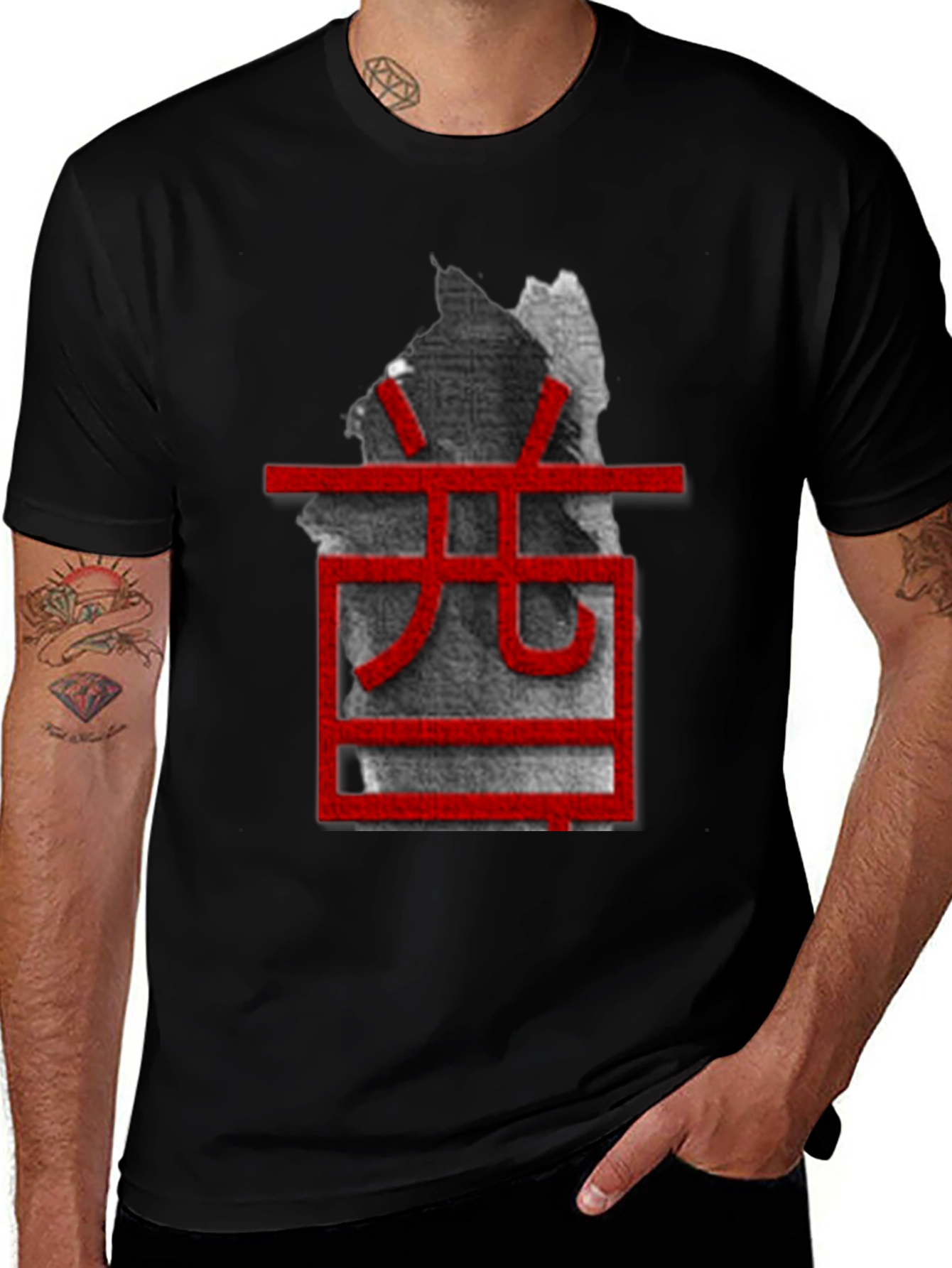 Unique Black T-Shirt with Red Asian-Inspired Graphic
