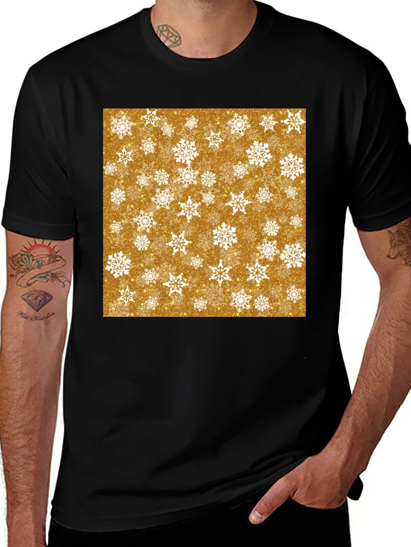 Festive Snowflake Print Black T-Shirt