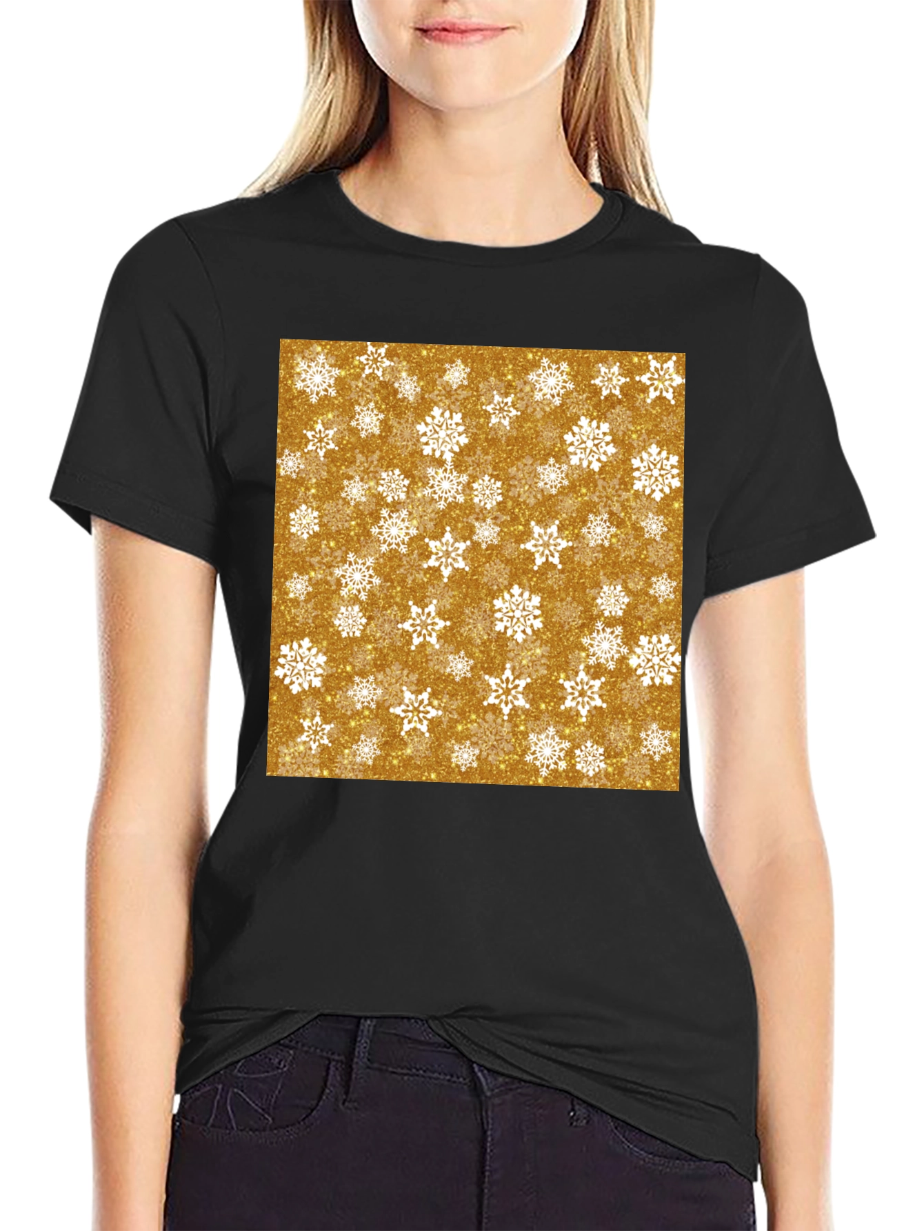 Festive Snowflake Print Black T-Shirt