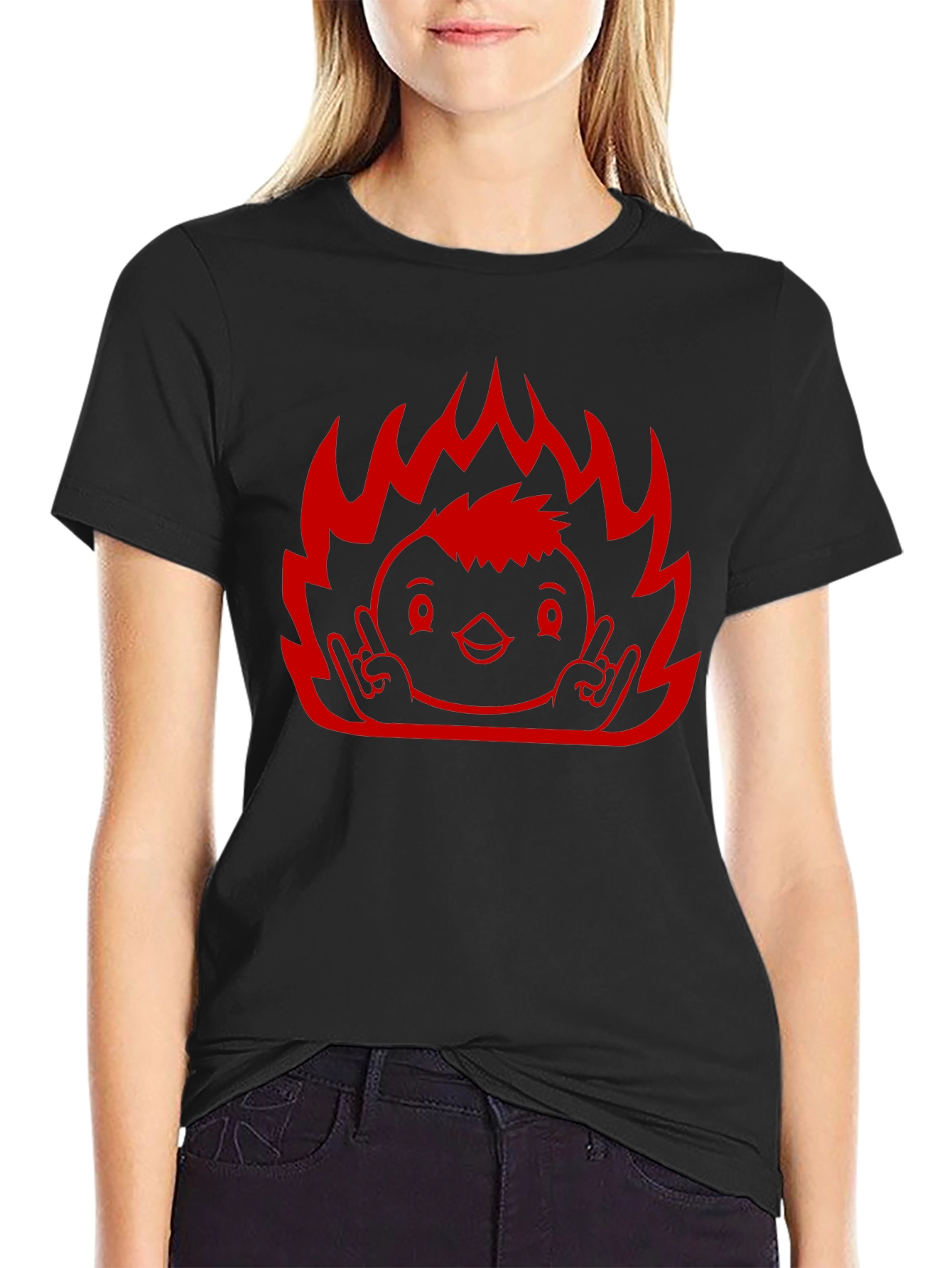 Rock On Flame Chick T-Shirt - Black