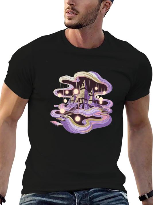 Abstract Castle Graphic Print Black T-Shirt