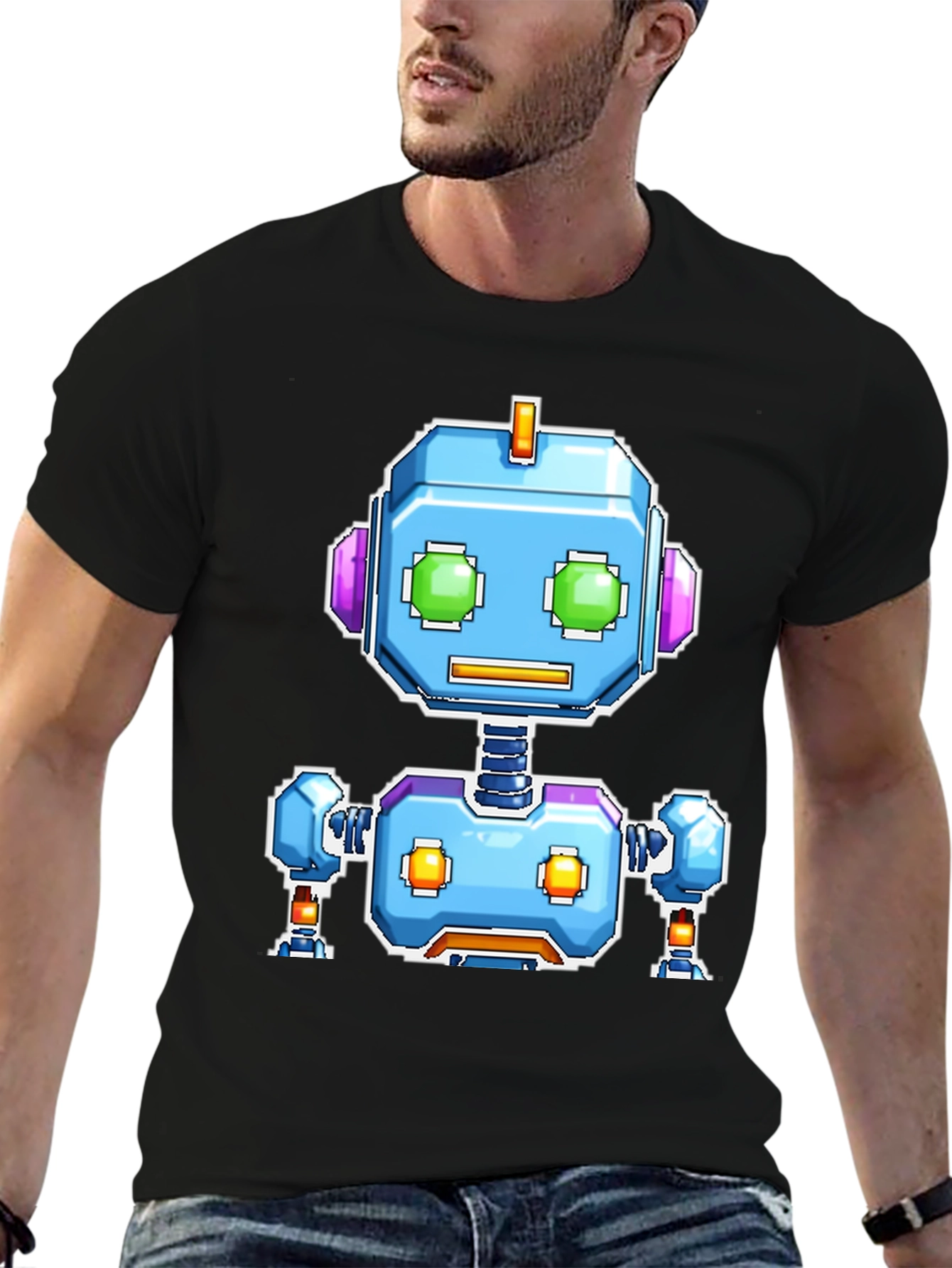 Retro Robot Graphic Tee - Black Cotton Comfort