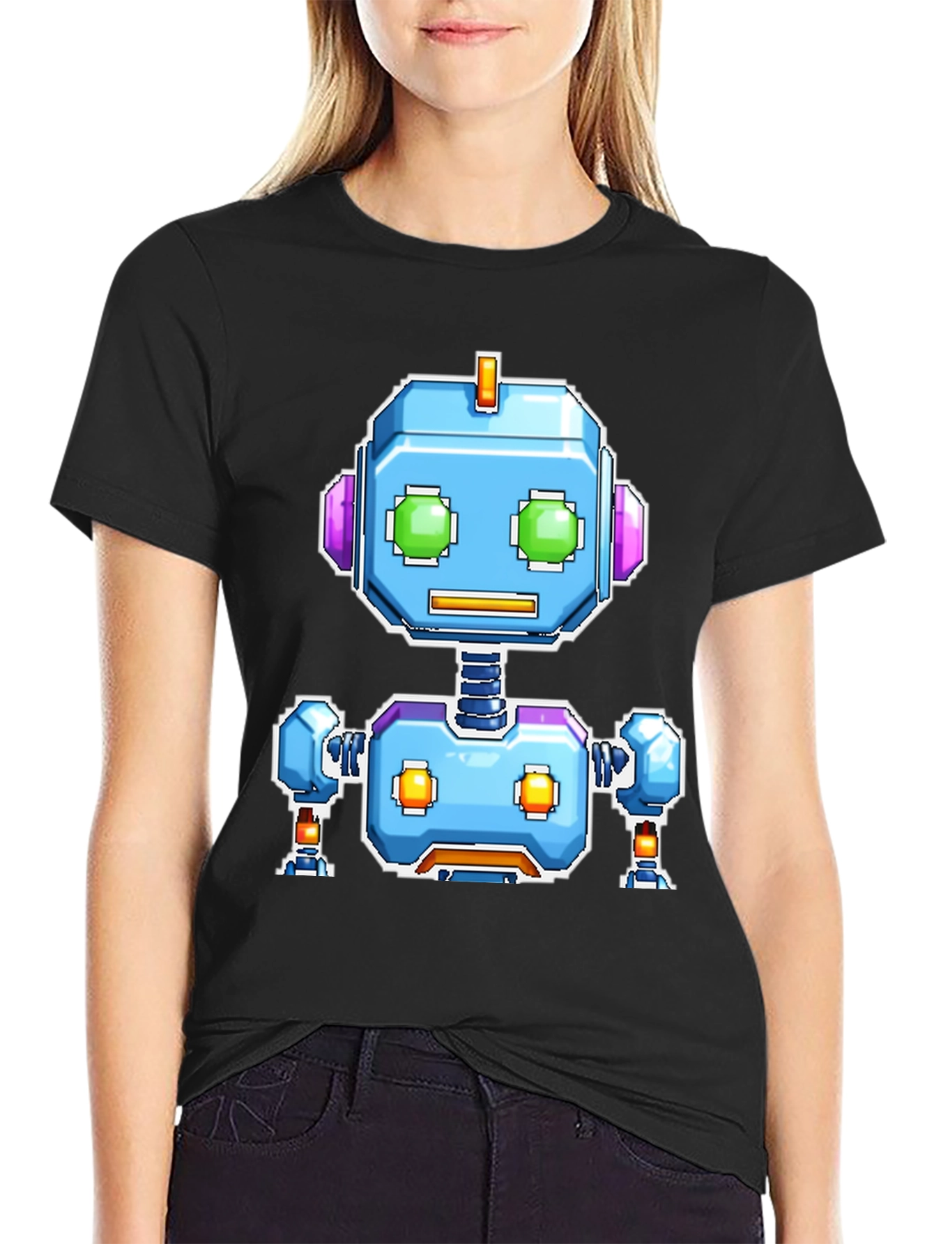 Retro Robot Graphic Tee - Black Cotton Comfort