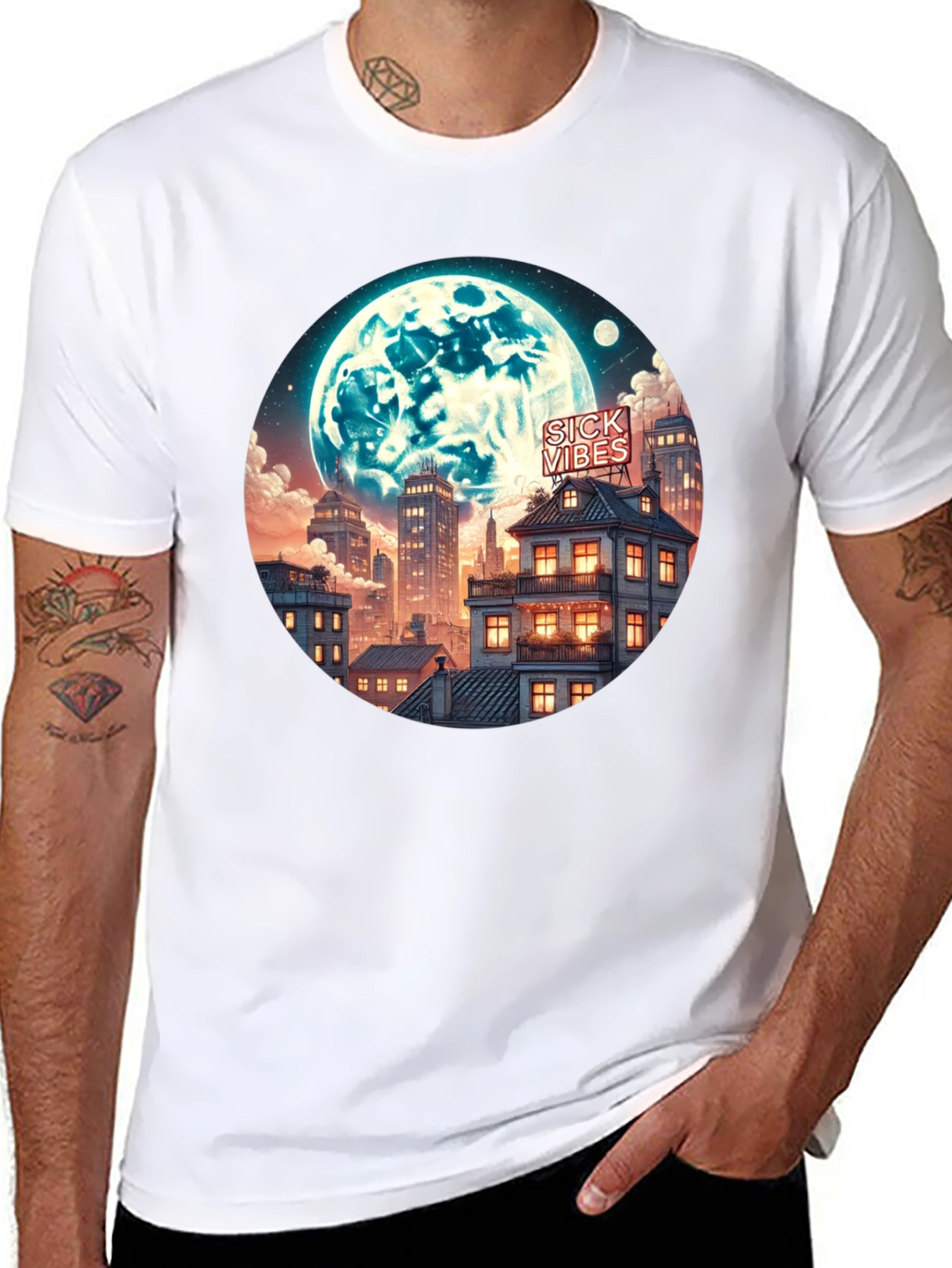 Sick Vibes Cityscape Moon Graphic Tee