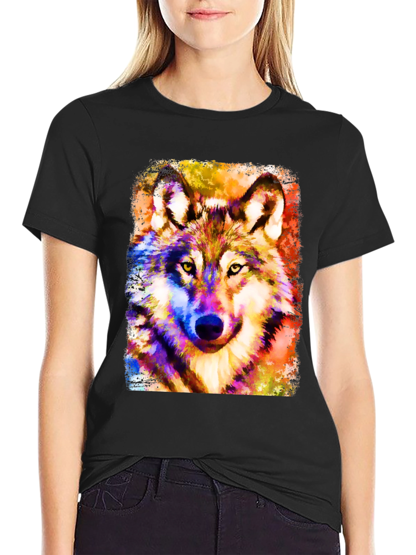 Vibrant Wolf Graphic Black T-Shirt