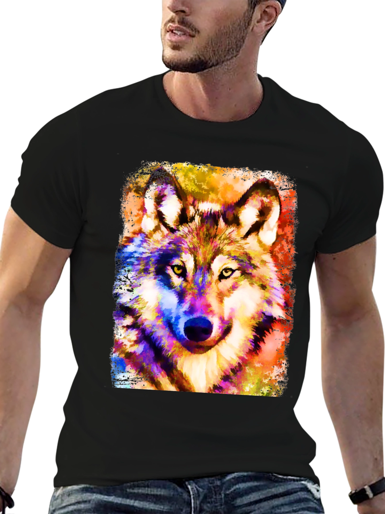 Vibrant Wolf Graphic Black T-Shirt
