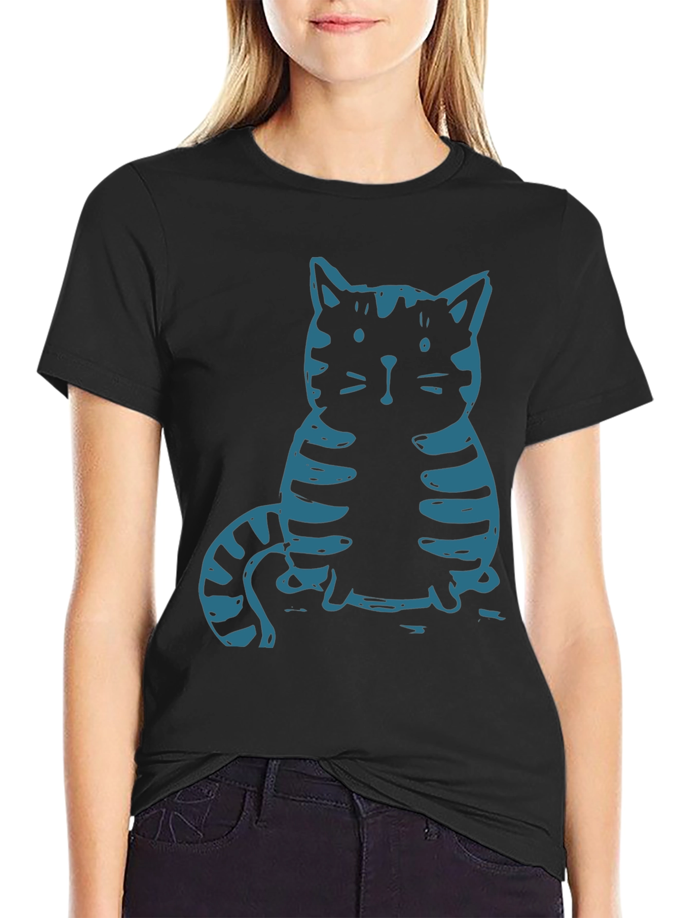 Cat Graphic Tee - Black Cotton T-Shirt