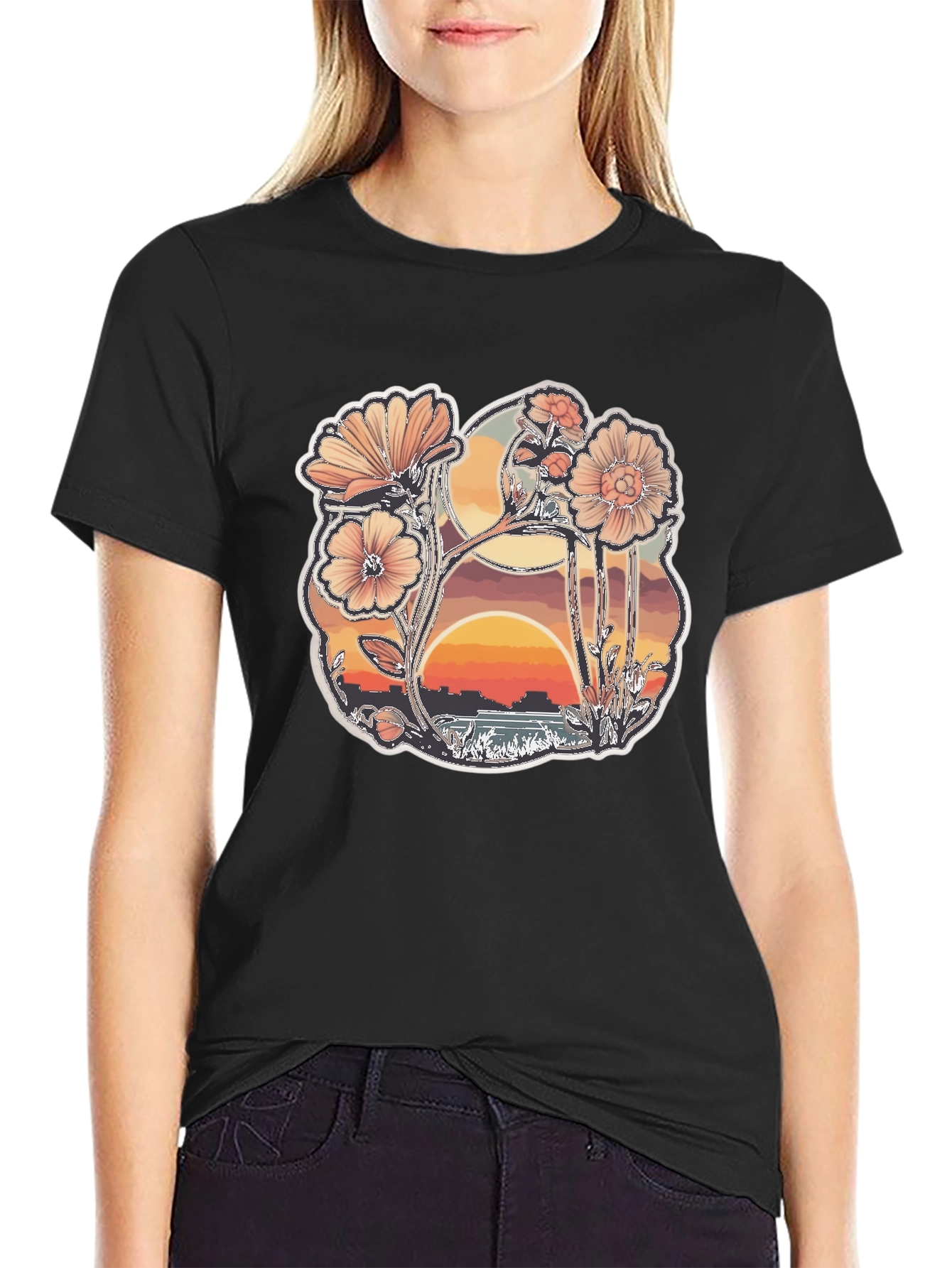 Floral Sunset Graphic Black T-Shirt