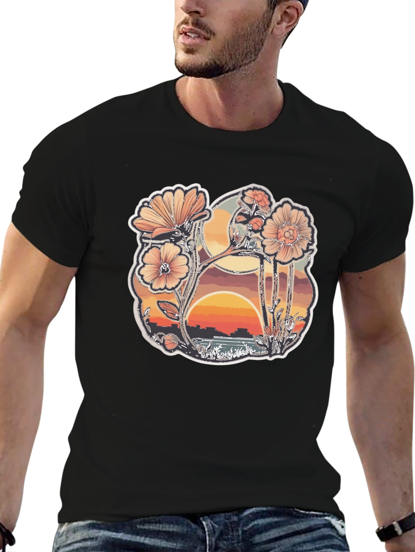 Floral Sunset Graphic Black T-Shirt