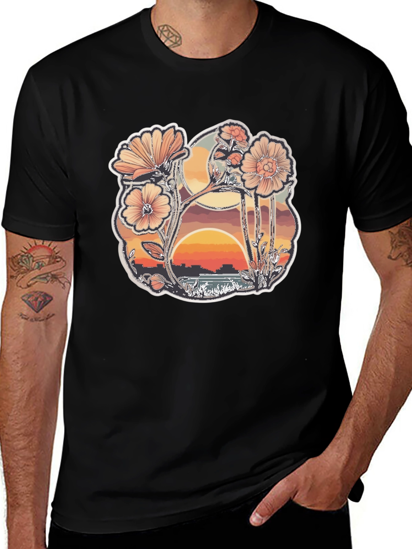 Floral Sunset Graphic Black T-Shirt