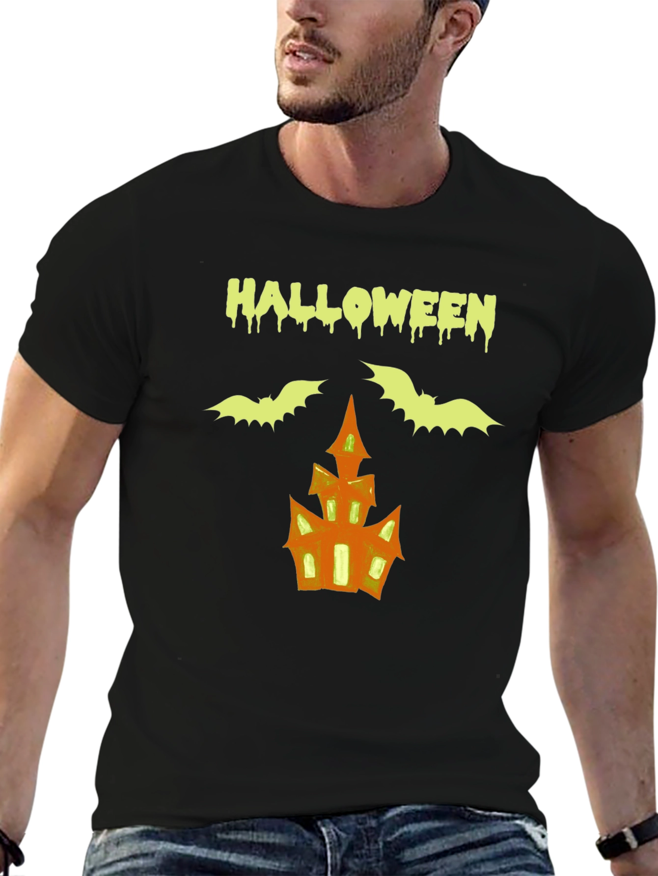 Halloween T-Shirt: Bats & Haunted House Graphic Tee