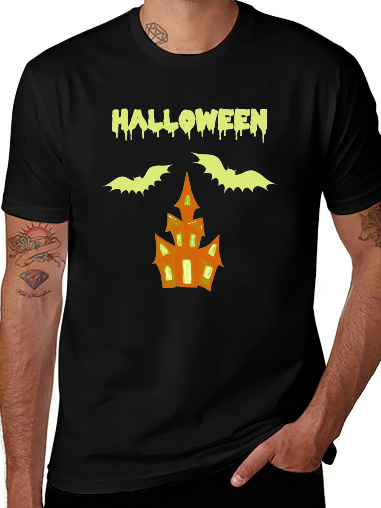 Halloween T-Shirt: Bats & Haunted House Graphic Tee