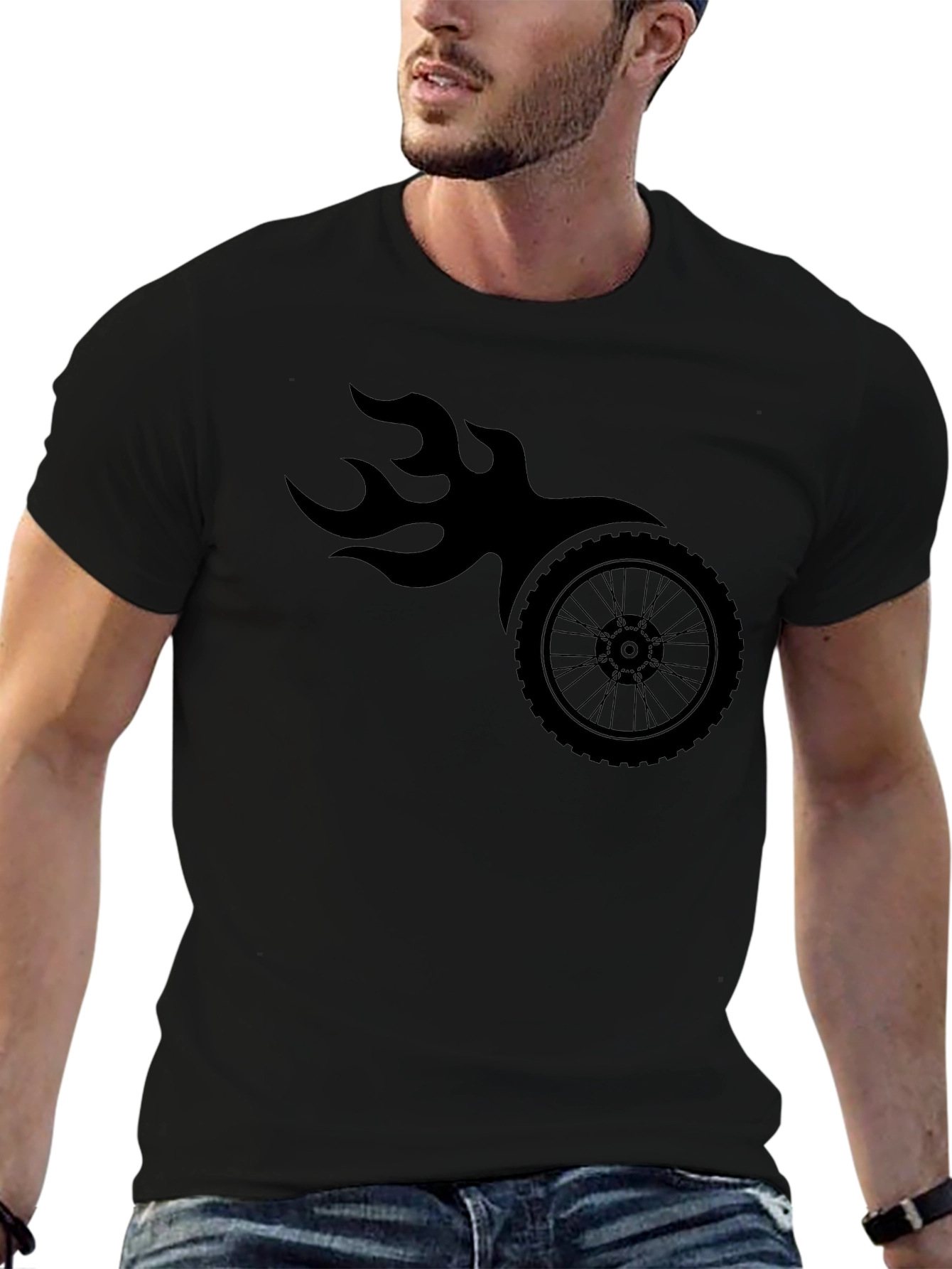 Mens Black Flaming Wheel Graphic T-Shirt