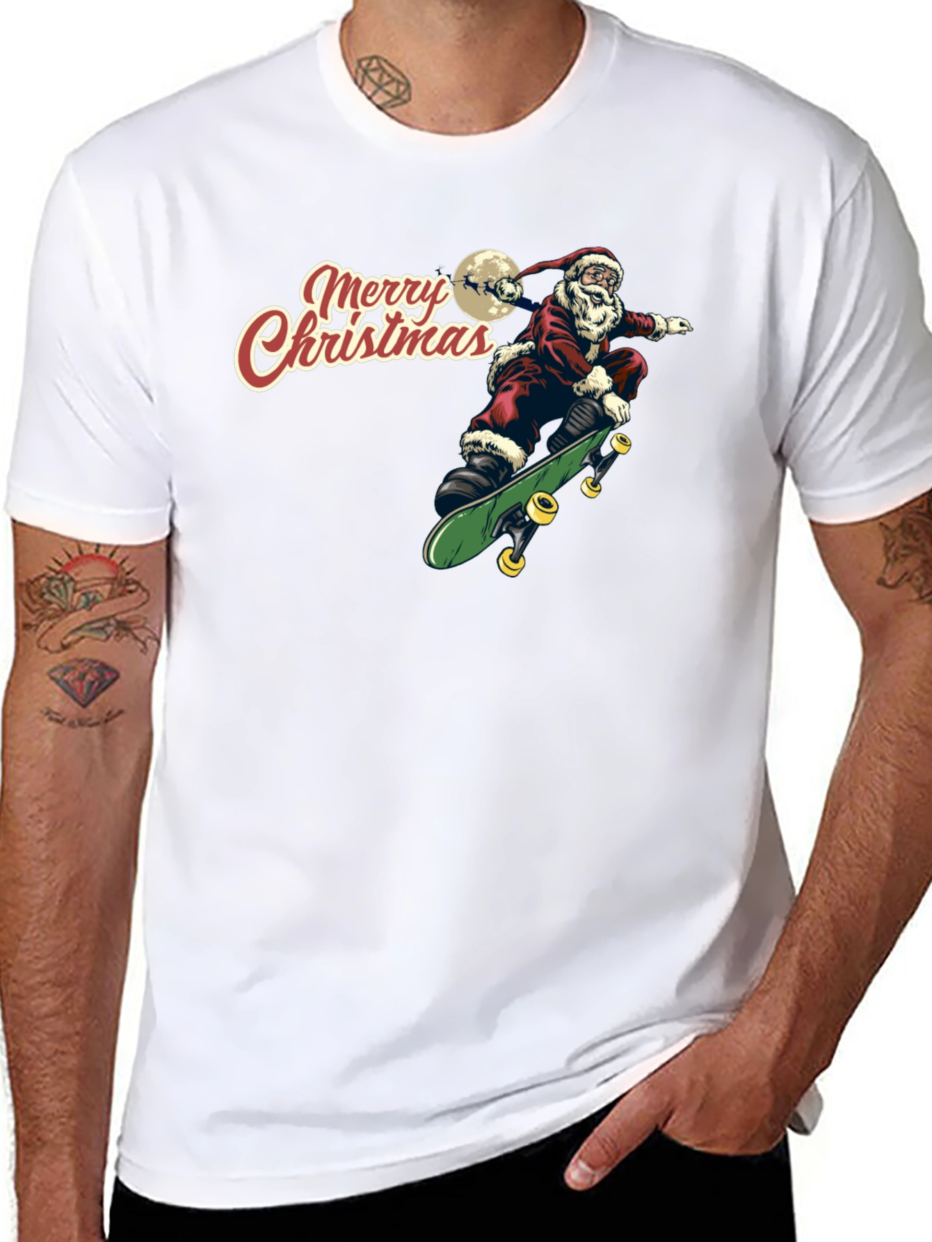 Santa Skeleton Skateboard Merry Christmas Black T-Shirt