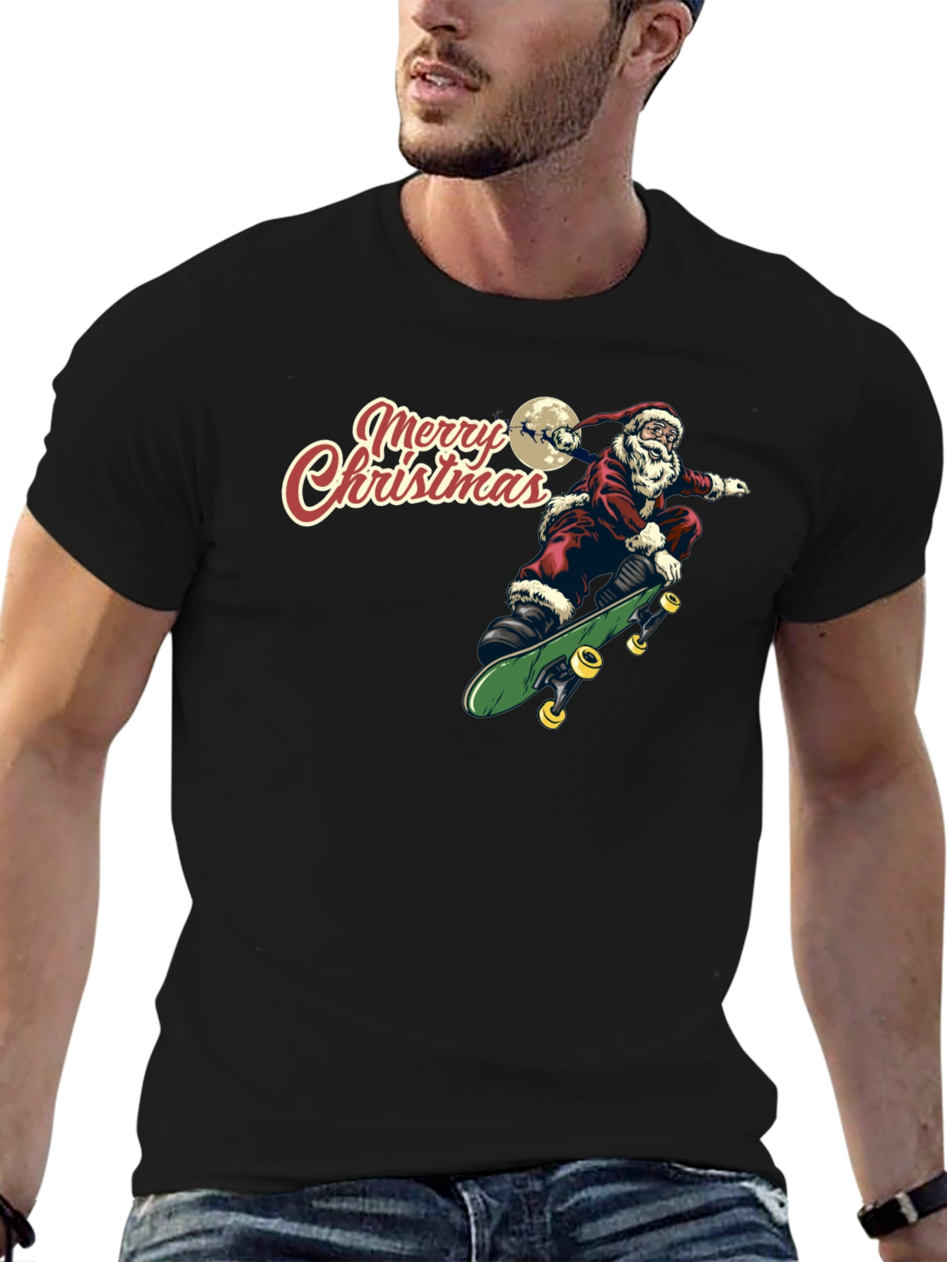 Santa Skeleton Skateboard Merry Christmas Black T-Shirt