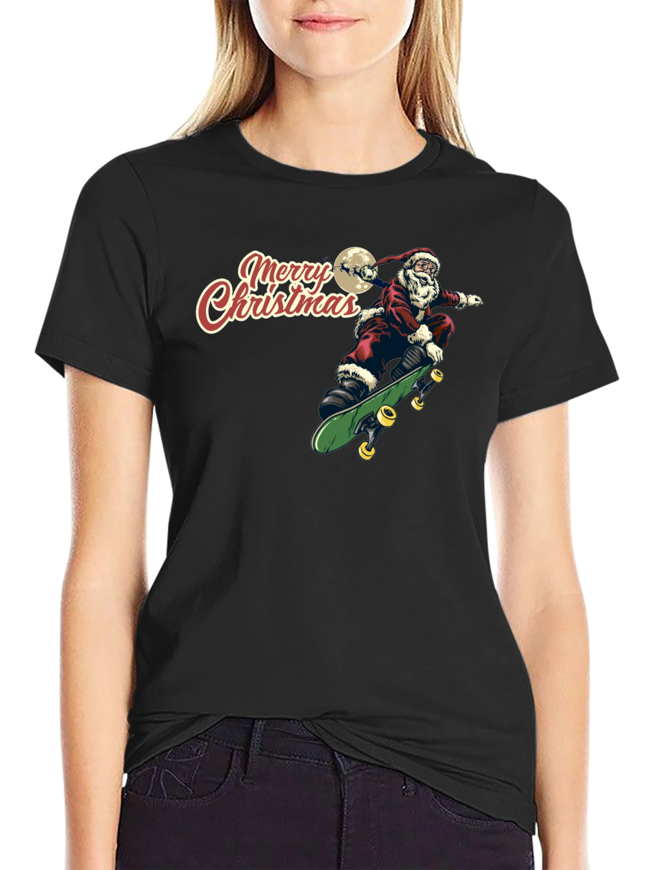 Santa Skeleton Skateboard Merry Christmas Black T-Shirt