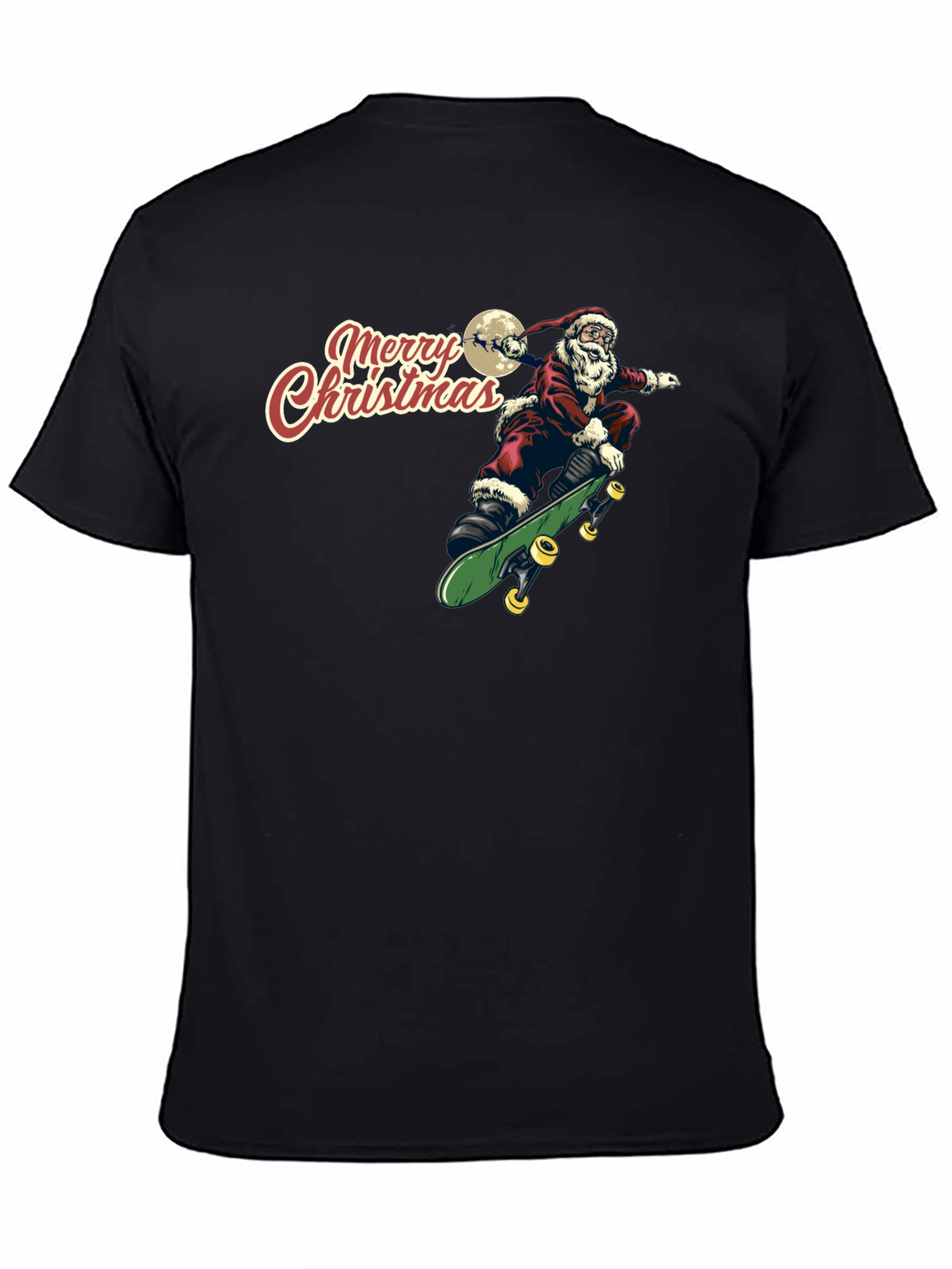 Santa Skeleton Skateboard Merry Christmas Black T-Shirt