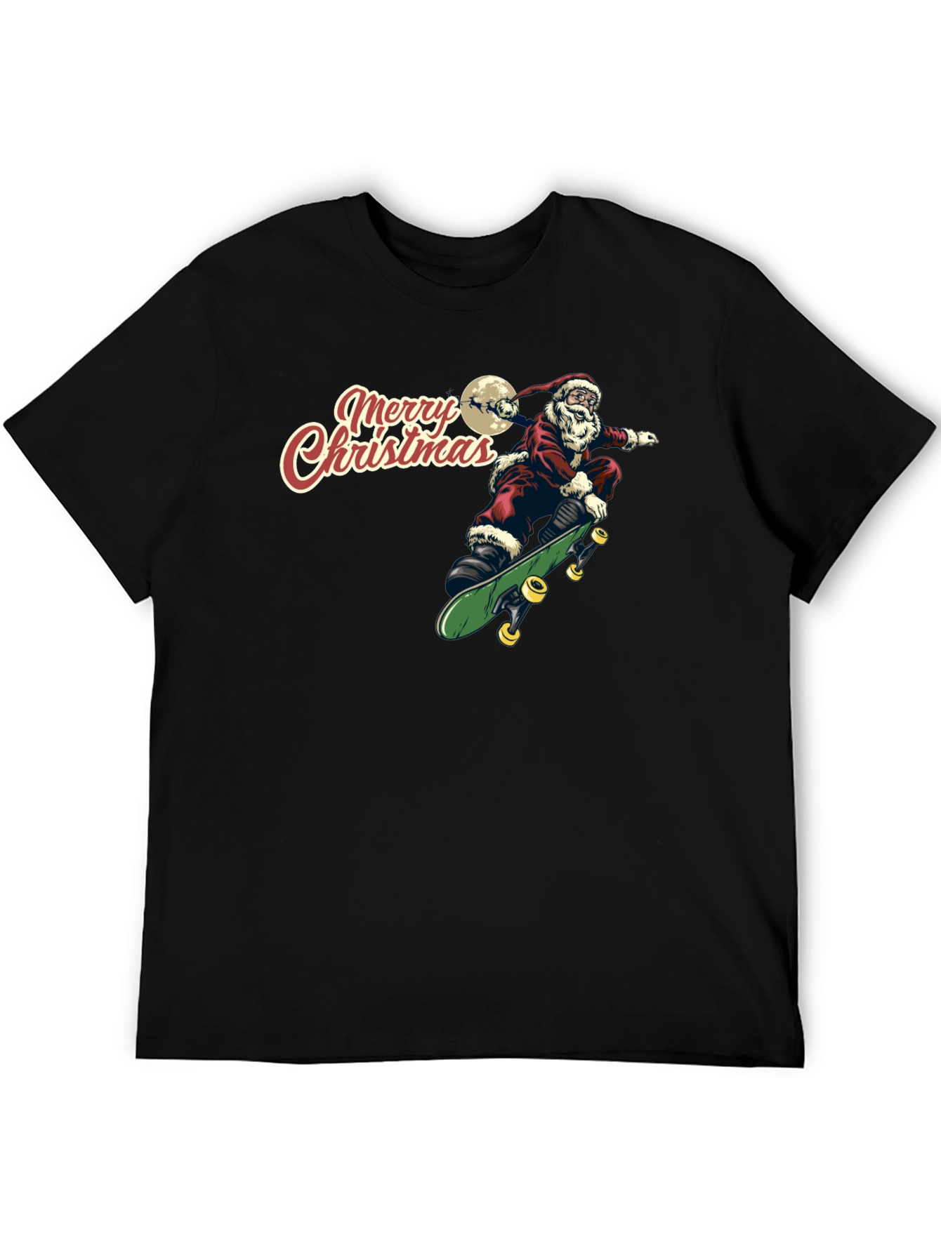 Santa Skeleton Skateboard Merry Christmas Black T-Shirt