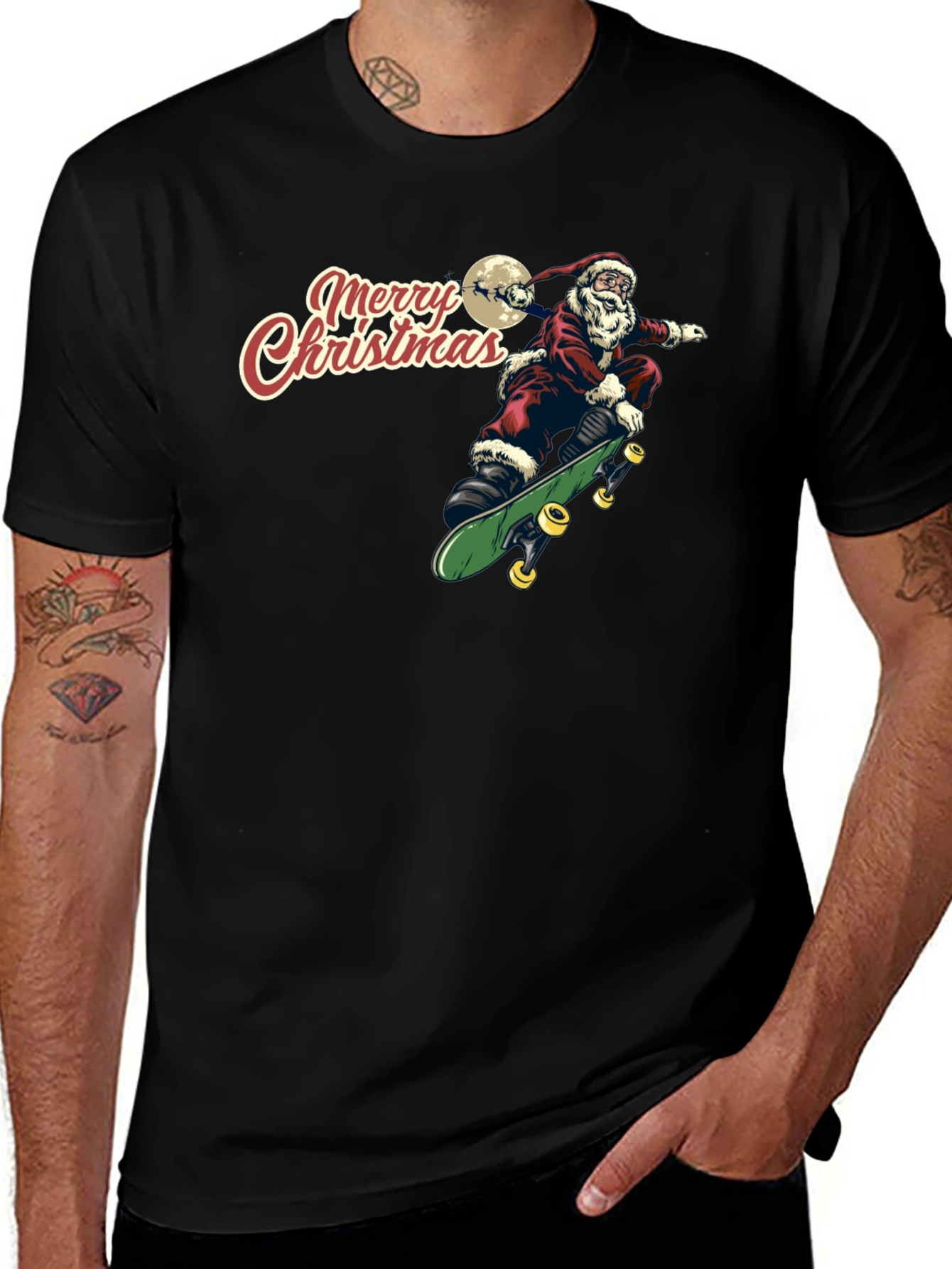 Santa Skeleton Skateboard Merry Christmas Black T-Shirt