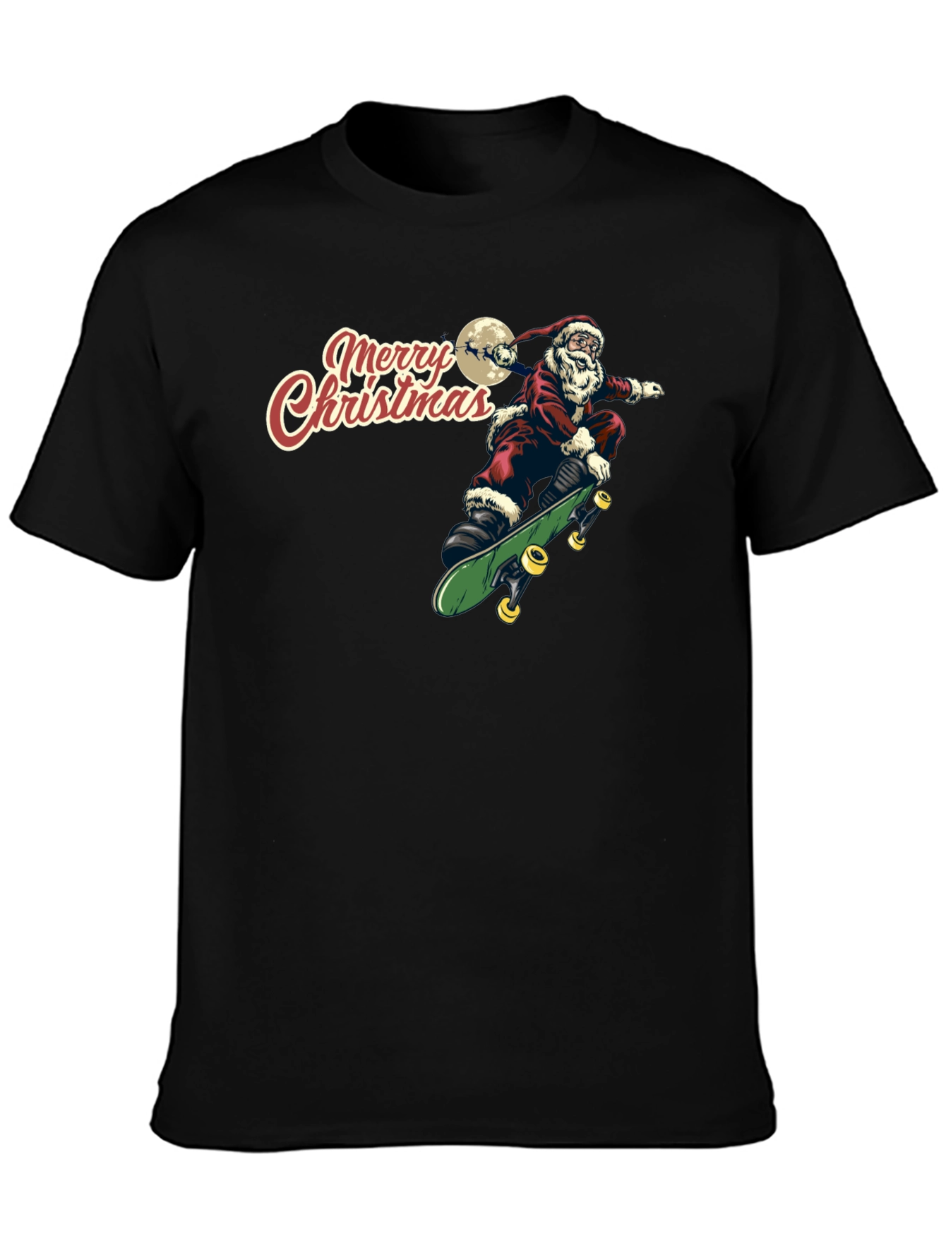 Santa Skeleton Skateboard Merry Christmas Black T-Shirt