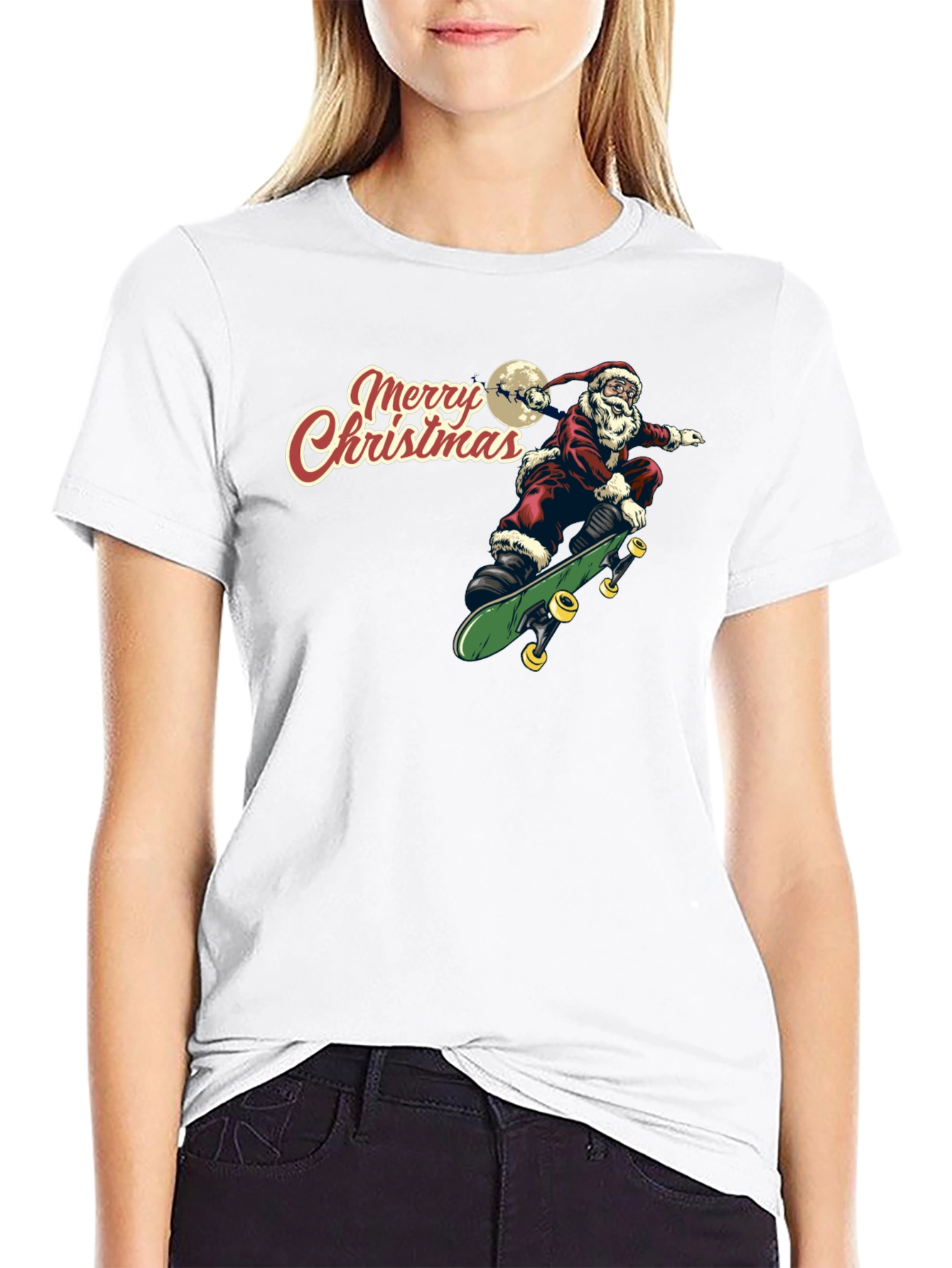 Santa Skeleton Skateboard Merry Christmas Black T-Shirt