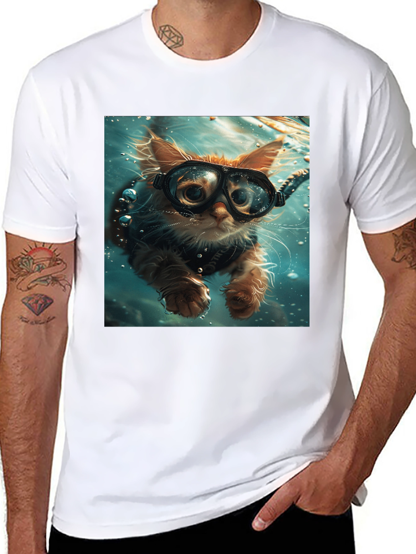 Diving Cat T-Shirt - Novelty Graphic Tee