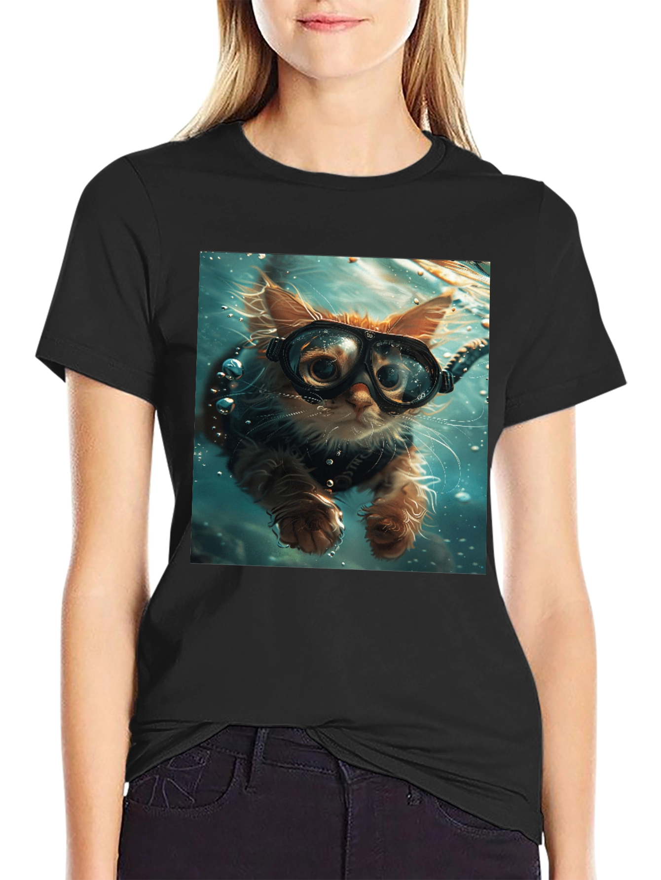 Diving Cat T-Shirt - Novelty Graphic Tee