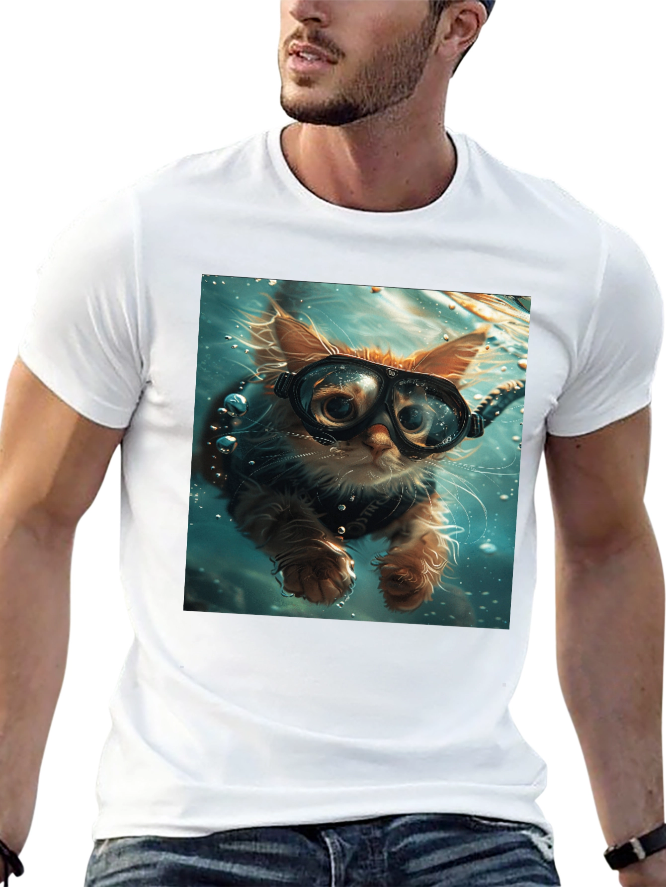 Diving Cat T-Shirt - Novelty Graphic Tee